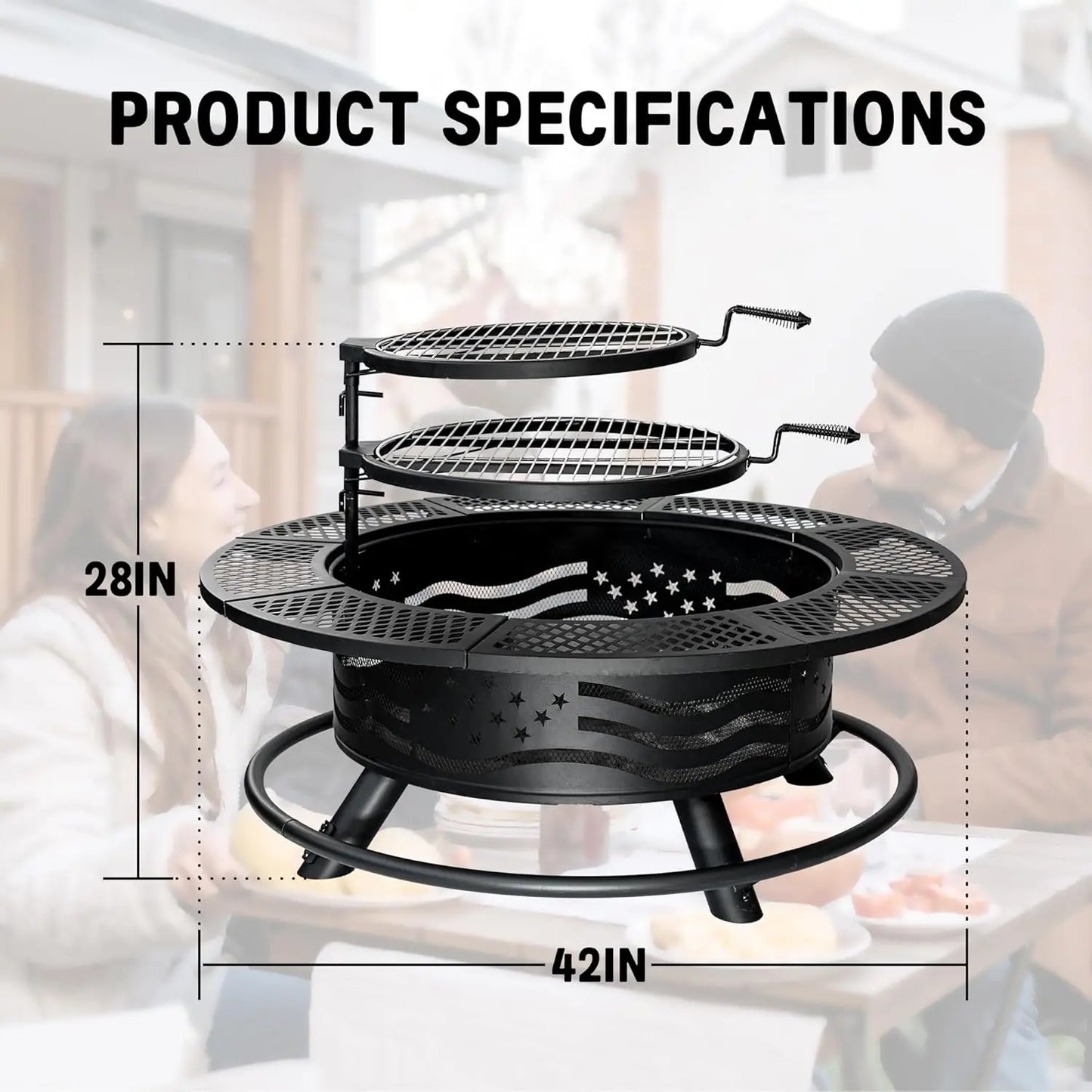 42 Inch Outdoor Fire Pit Grill with Cooking Grates and Lid