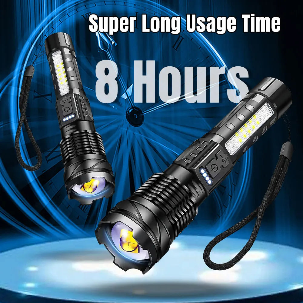 Zoomable Super Bright 30W 7Mode LED Flashlight Portable Rechargeable Outdoor Lamp with Built in Battery