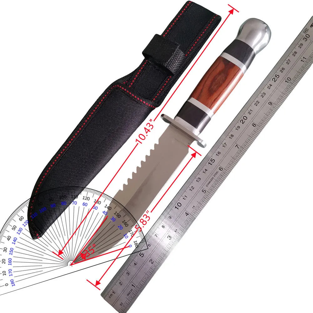 Military Fixed Blade Knife with Wood Handle and Sheath