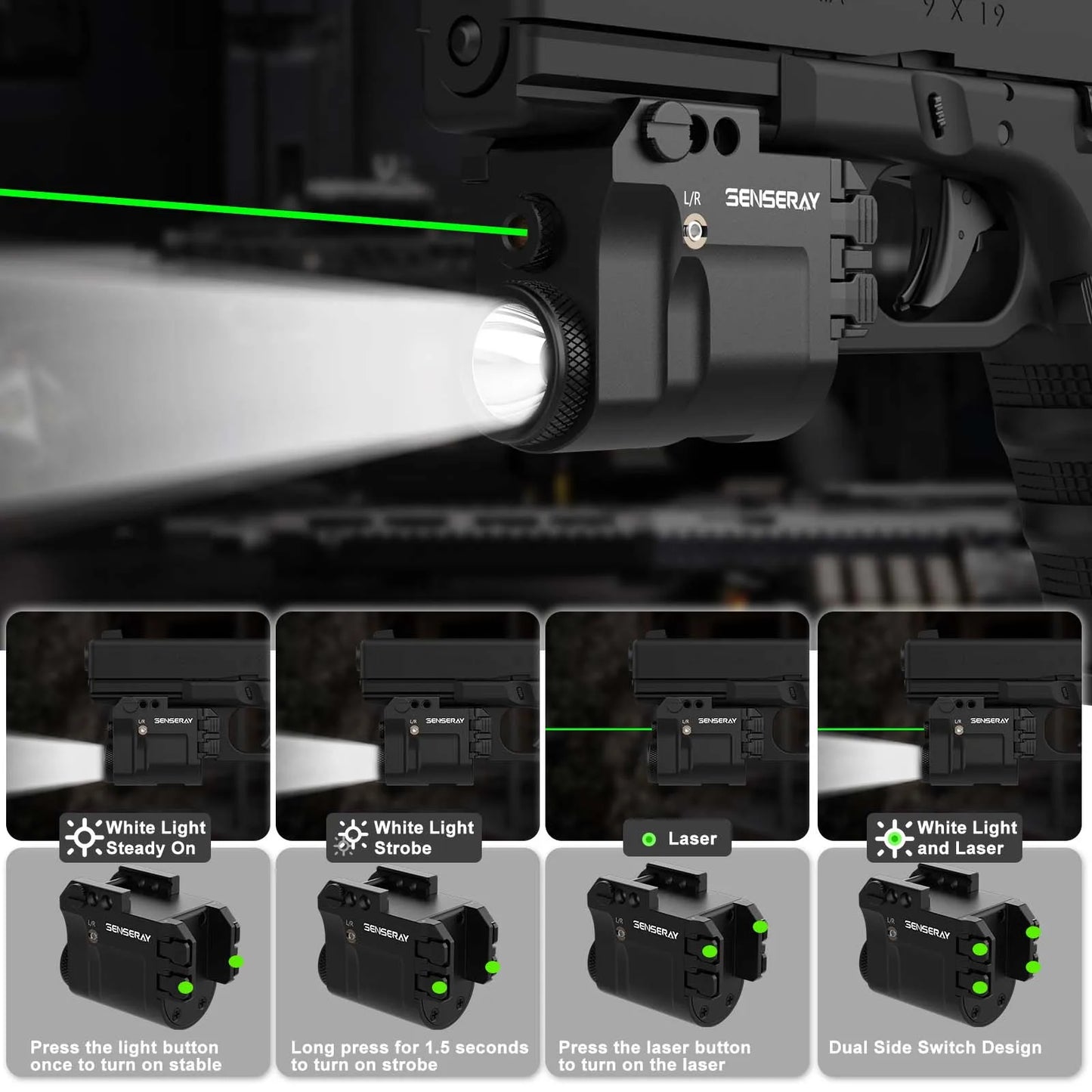 Rechargeable Gun Light with Green Laser and Strobe