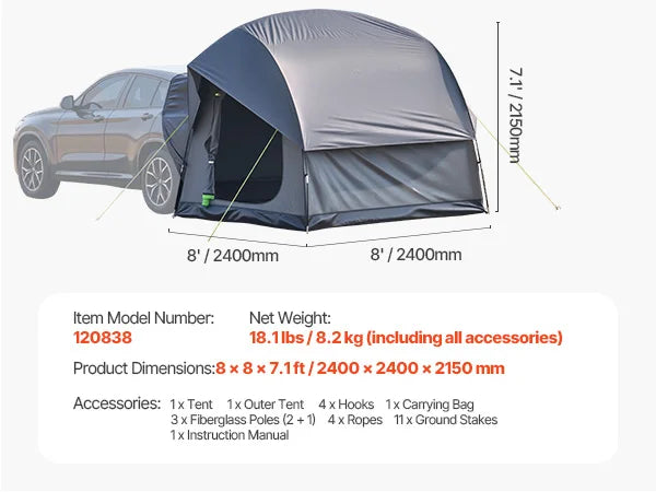SUV Camping Tent with Awning and Mesh Windows