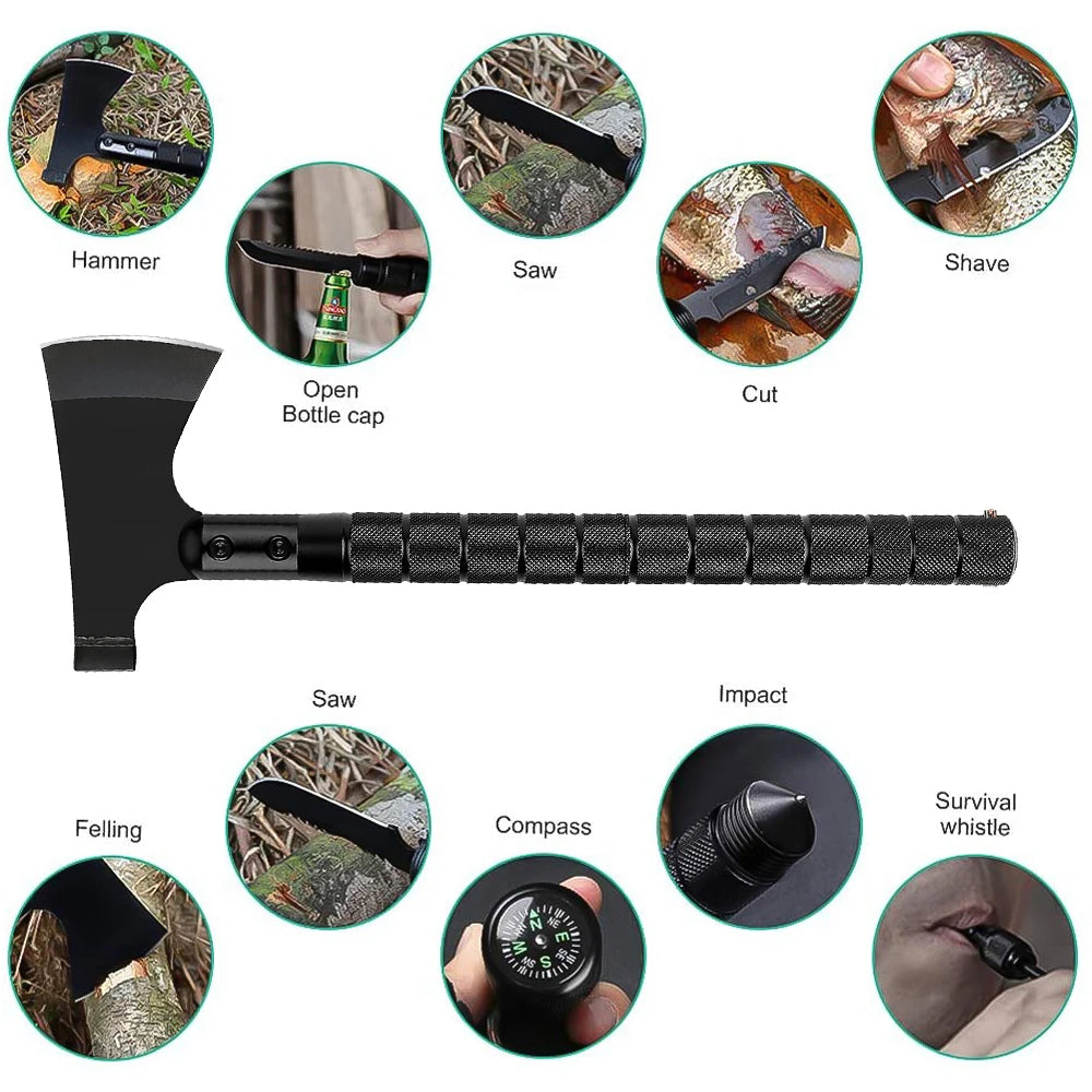 Multi-Function Survival Axe – Portable Foldable Tomahawk Multi-Tool Kit for Outdoor Camping, Touring, and Firewood Chopping