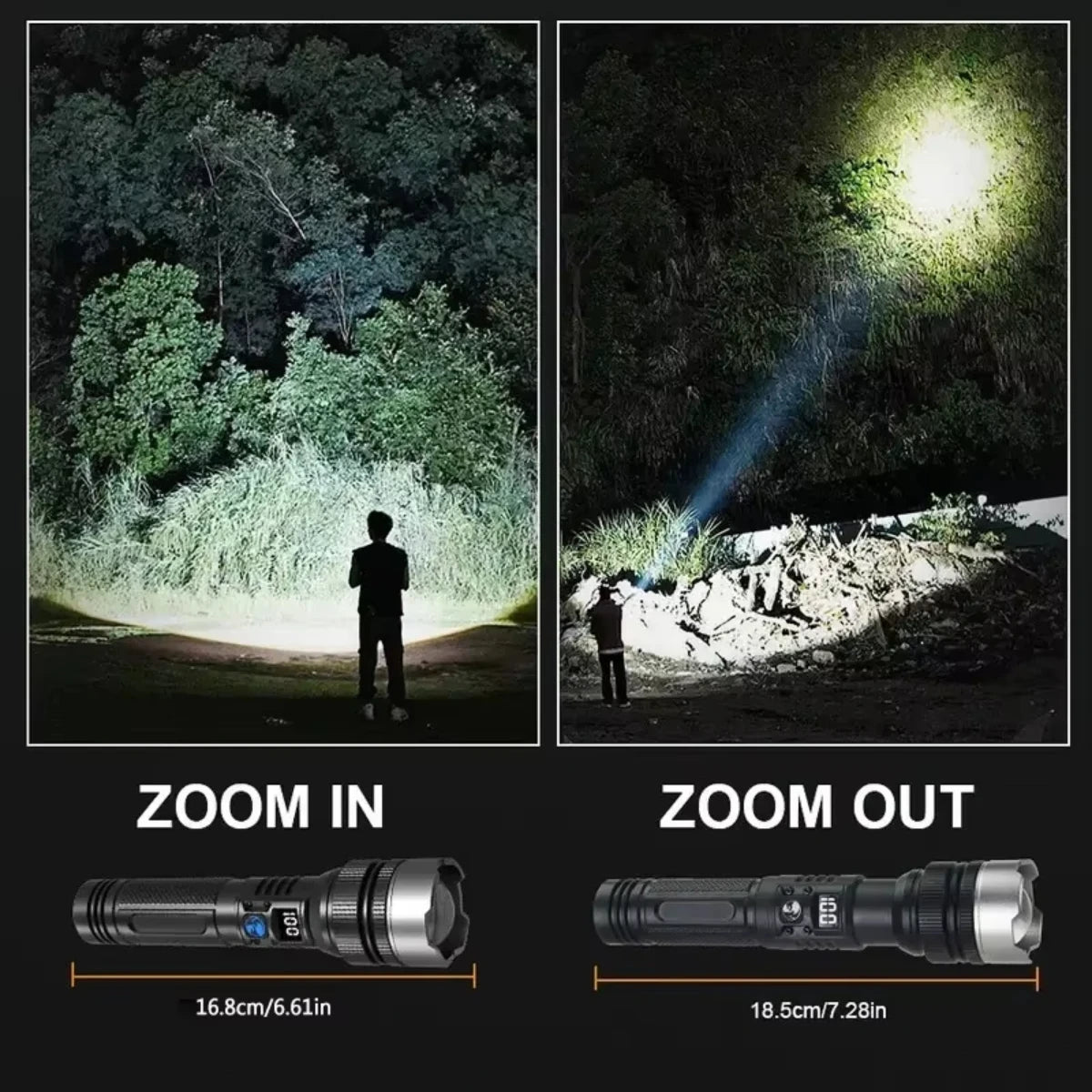 Rechargeable LED Flashlight with Zoom and Digital Display
