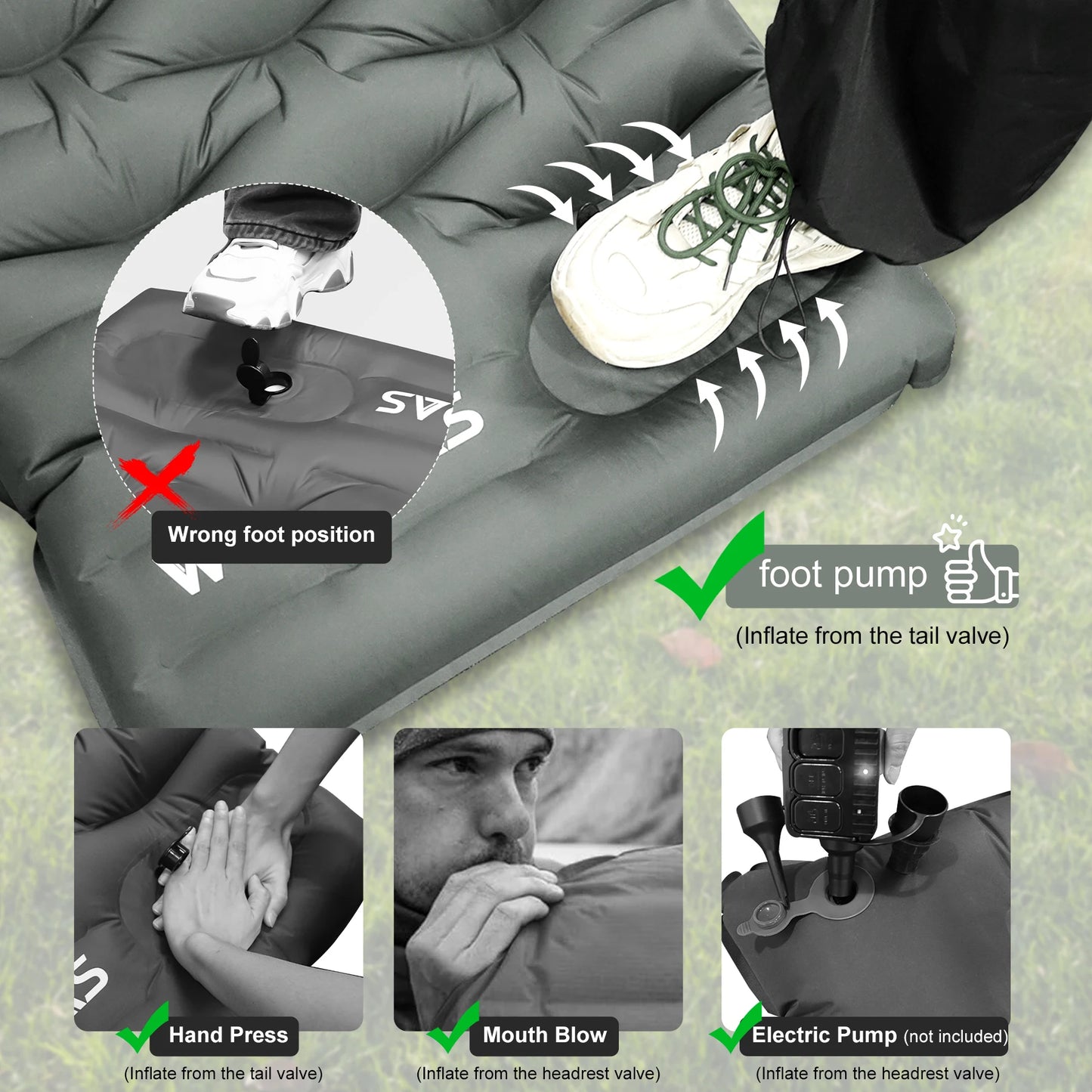 Oversized Inflatable Camping Sleeping Pad with Pillow and Built In Pump
