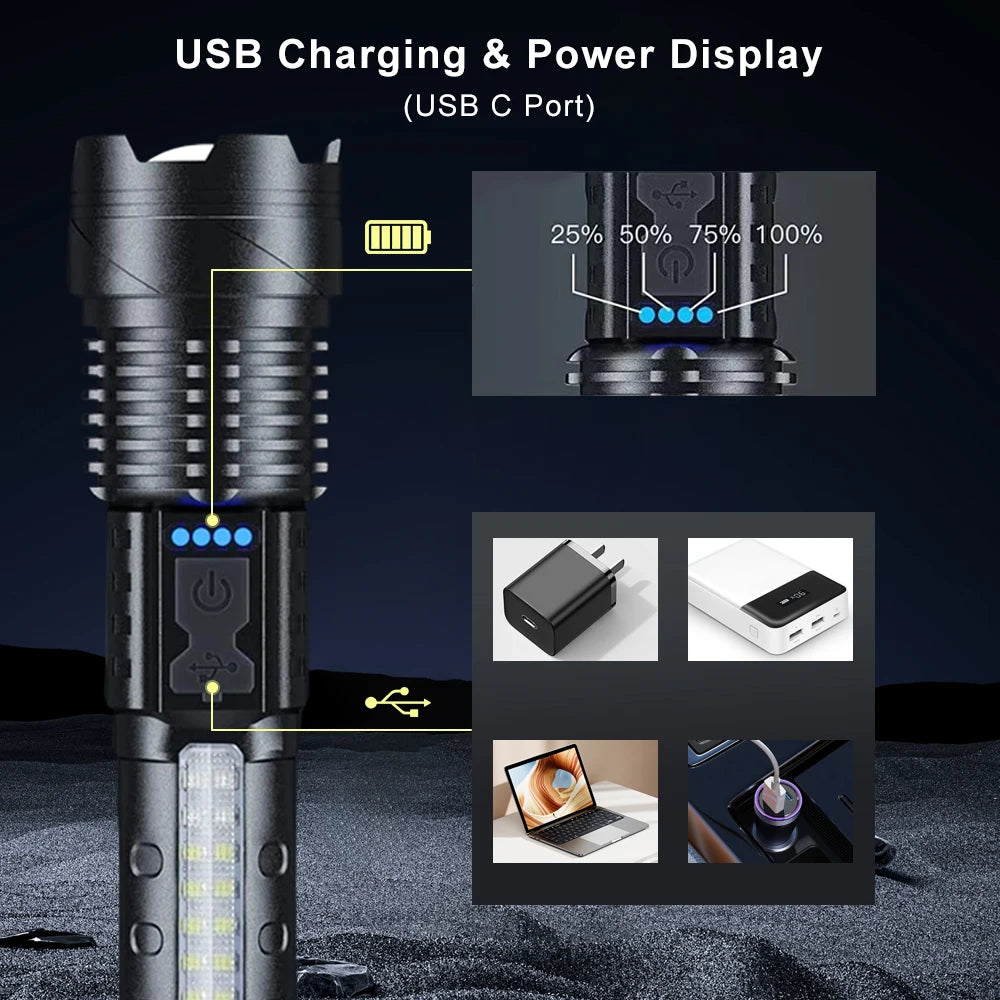 Zoomable Super Bright 30W 7Mode LED Flashlight Portable Rechargeable Outdoor Lamp with Built in Battery