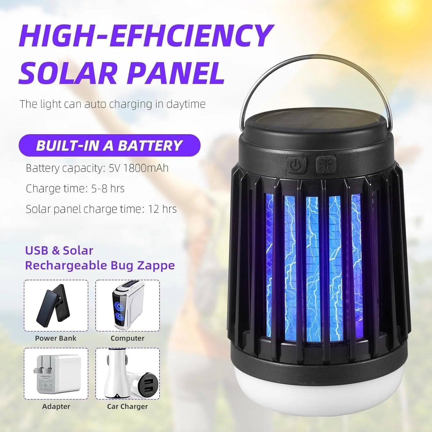 Cordless Solar Bug Zapper and Camping Light 3 in 1 2 Pieces Set