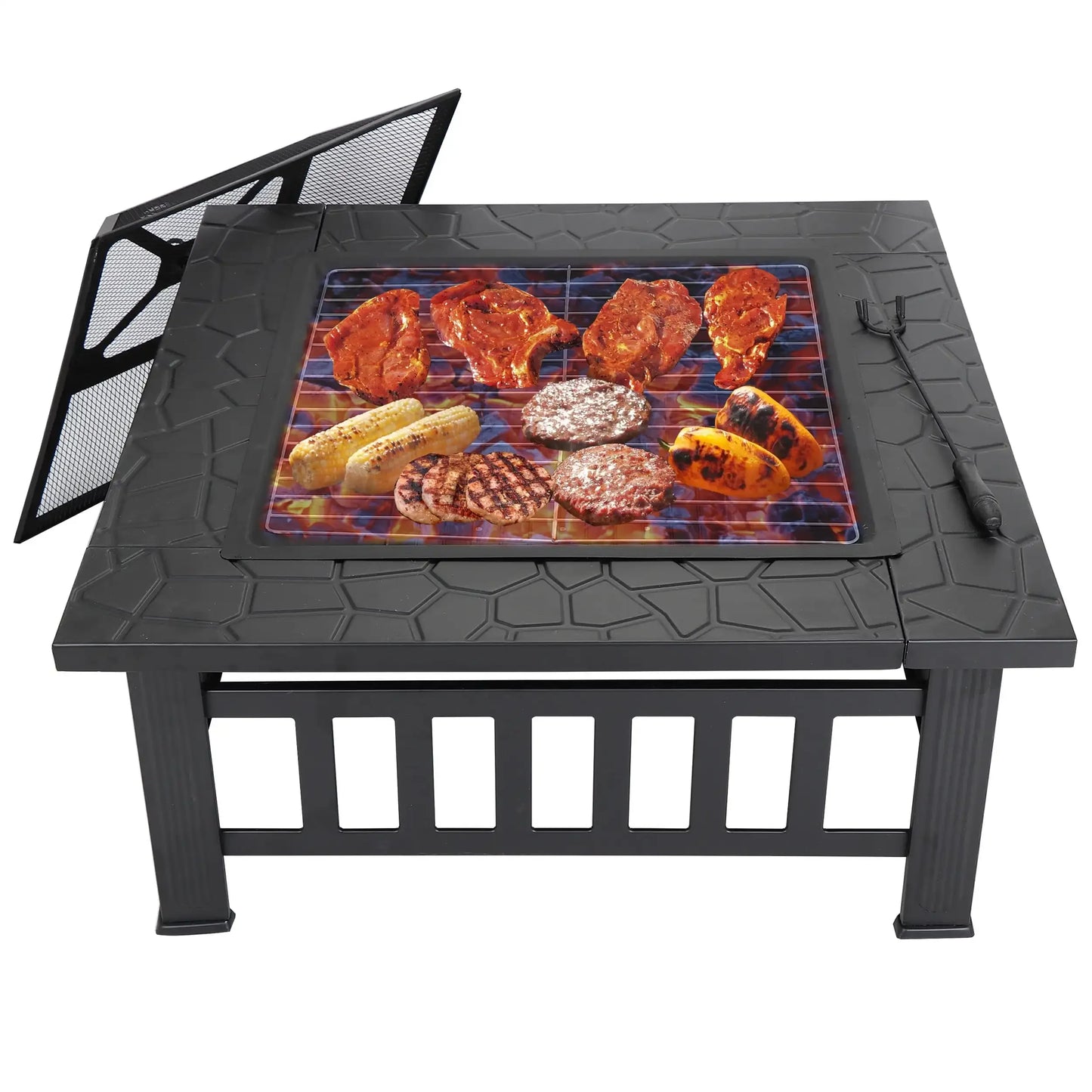 32" Outdoor Fire Pit Square Metal Wood Burning Firepit