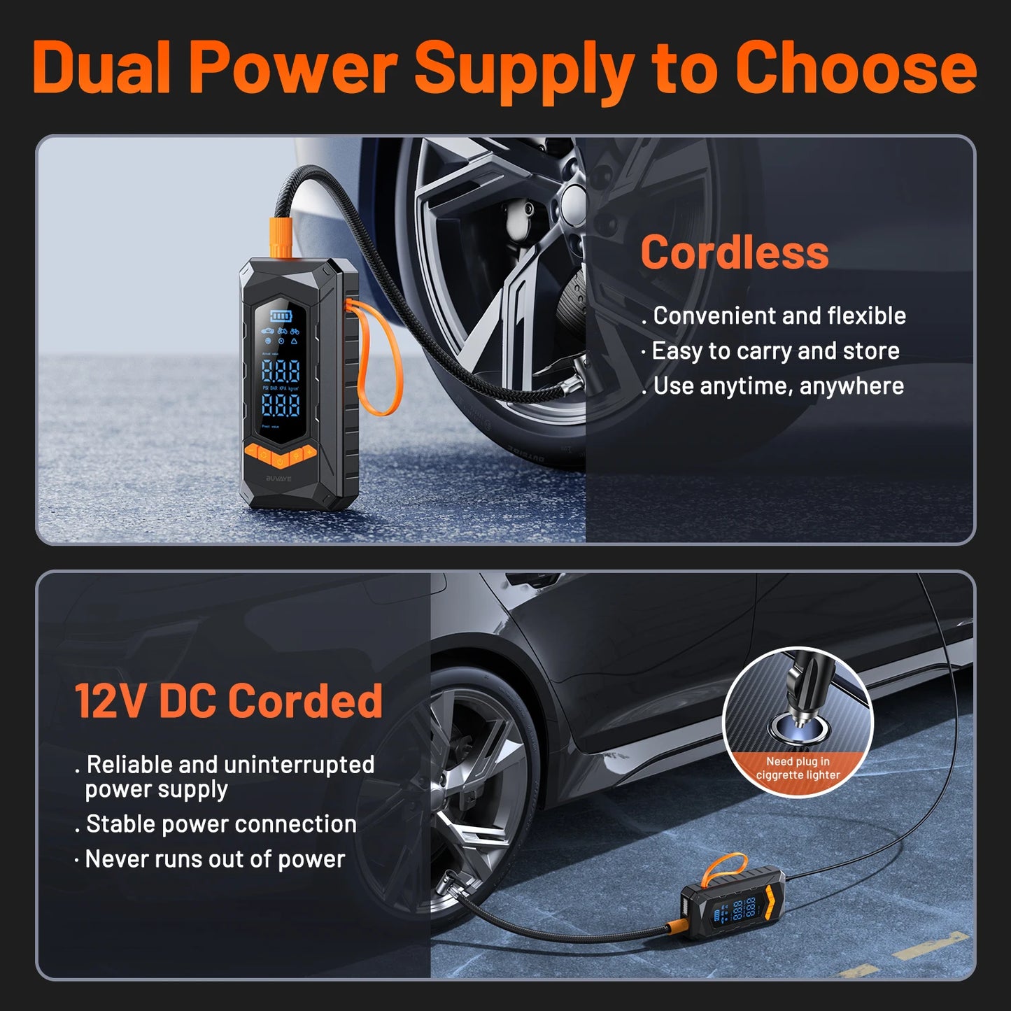 Portable Wired/Wireless Tire Inflator with Air Pump and 3M Power Cord