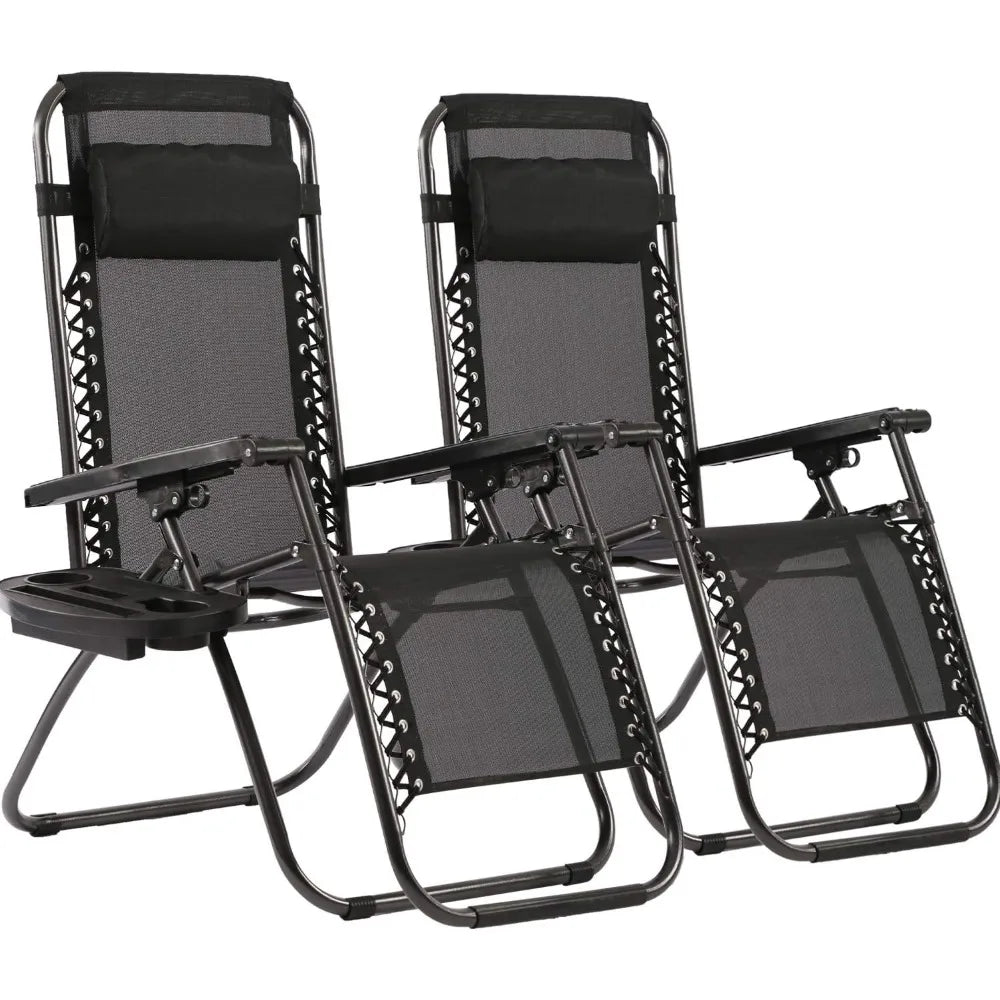 Reclining Outdoor Lounge Chairs Set with Pillow and Cup Holder