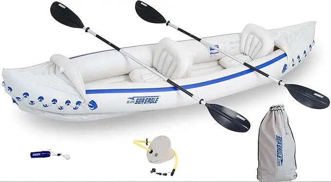 Sea Eagle SE370 Inflatable Kayak 3 Person Lightweight with Seats Paddles Pump and Bag