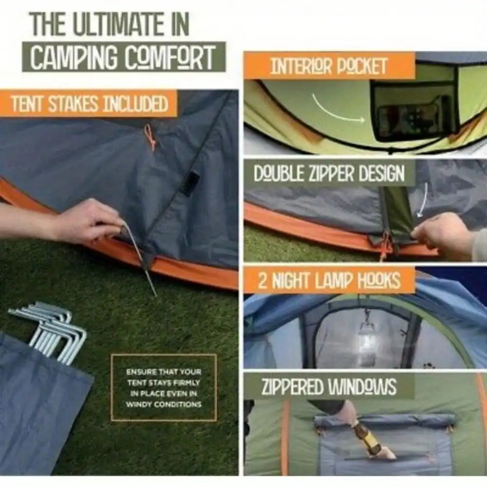 Waterproof Camping Tent - 4-Person Easy Pop Up Tent with 2 Doors