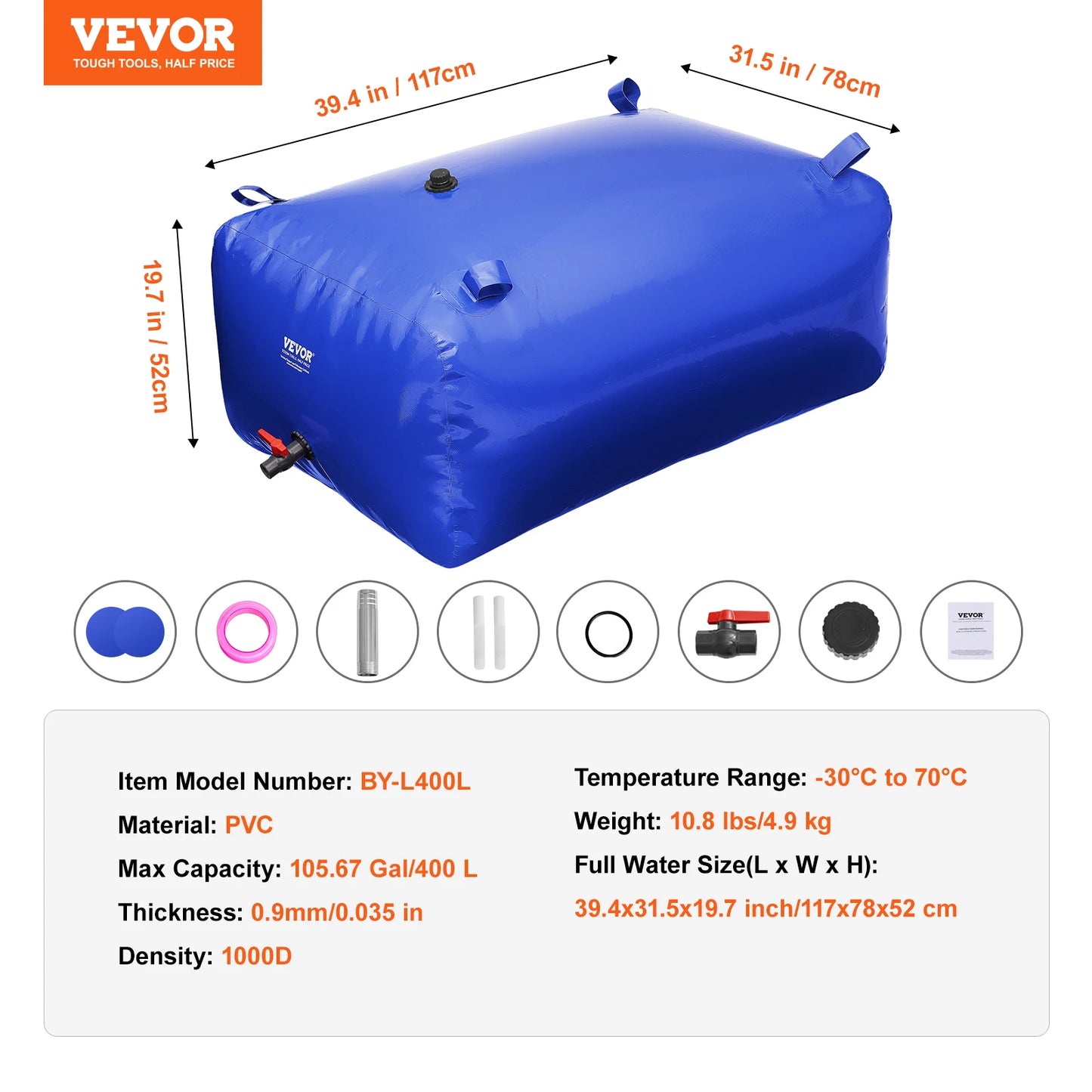 VEVOR 264 Gallon Collapsible Water Storage Tank Blue PVC Bladder Bag