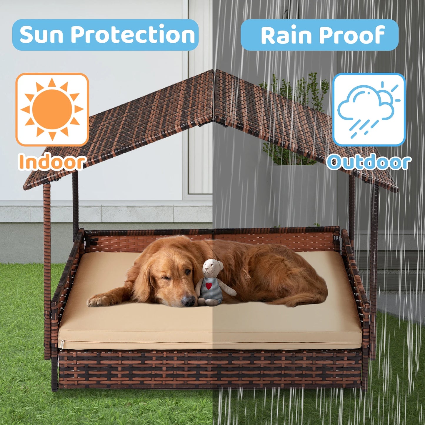 Wicker Dog House, Elevated Rattan Dog Bed with Canopy and Washable Cushion Cover, Indoor Outdoor Raised Pet House
