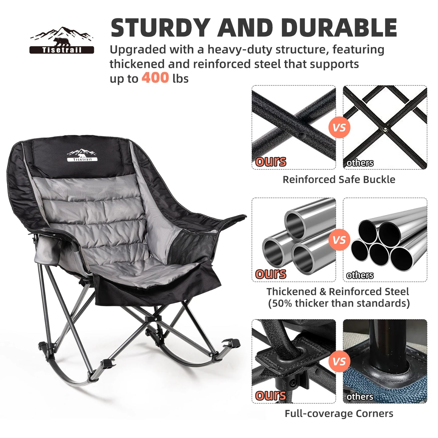 Tisetrail Oversized Padded Rocking Camping Chair with Side Pocket and Cup Holder, Heavy-Duty 400lbs