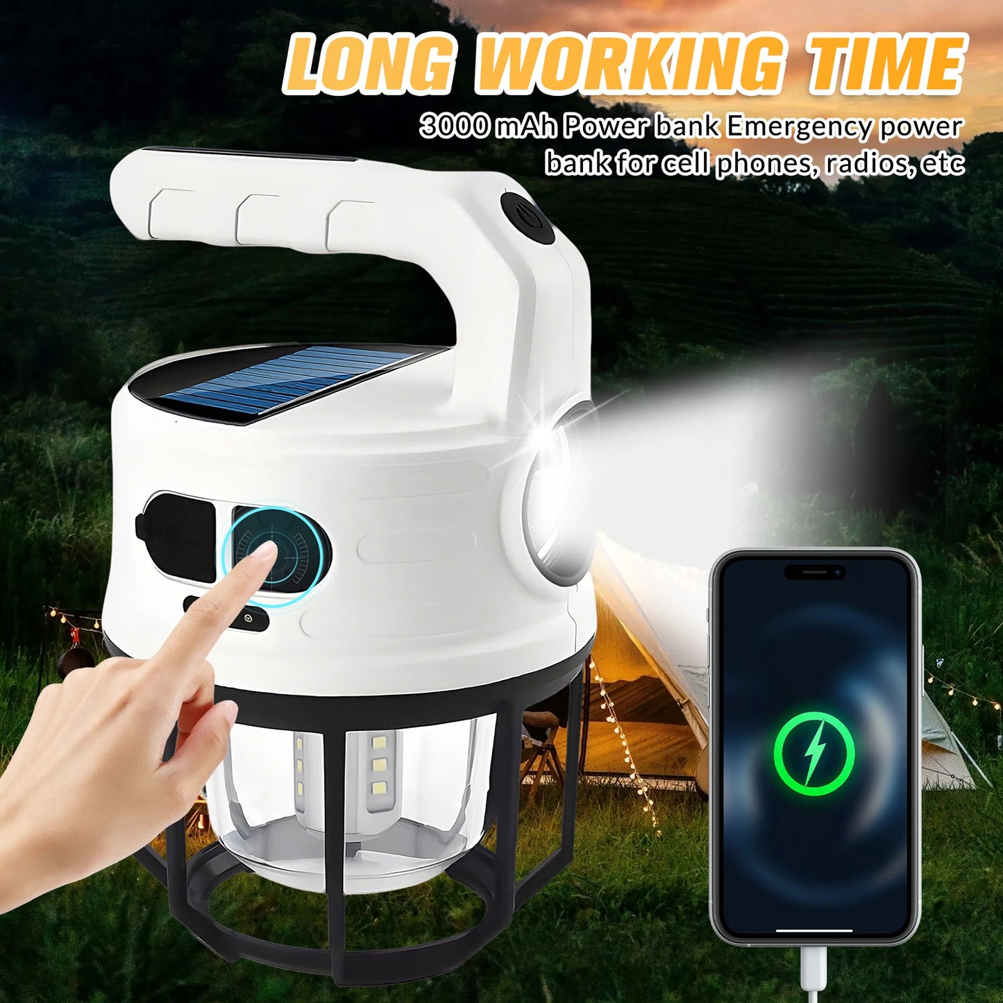 Solar LED Camping Light with USB Charging and Hook