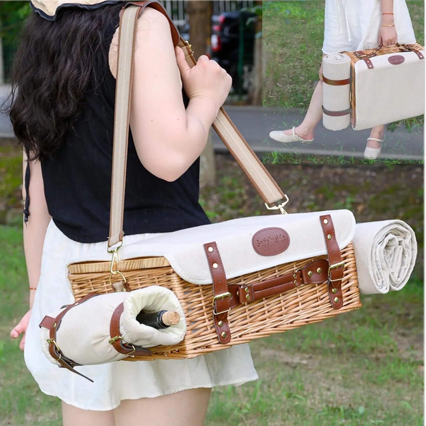 Multifunctional Wicker Picnic Basket Set for 2 with Blanket and Table