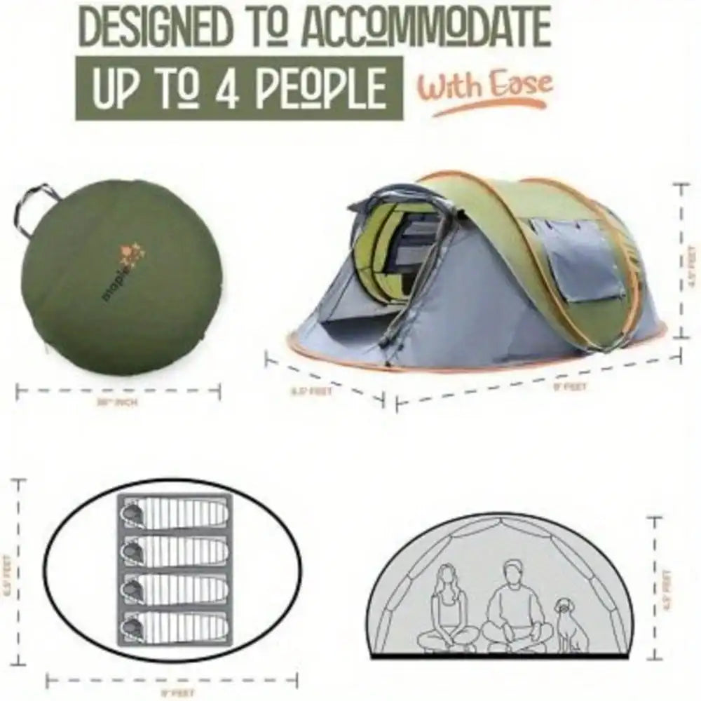 Waterproof Camping Tent - 4-Person Easy Pop Up Tent with 2 Doors