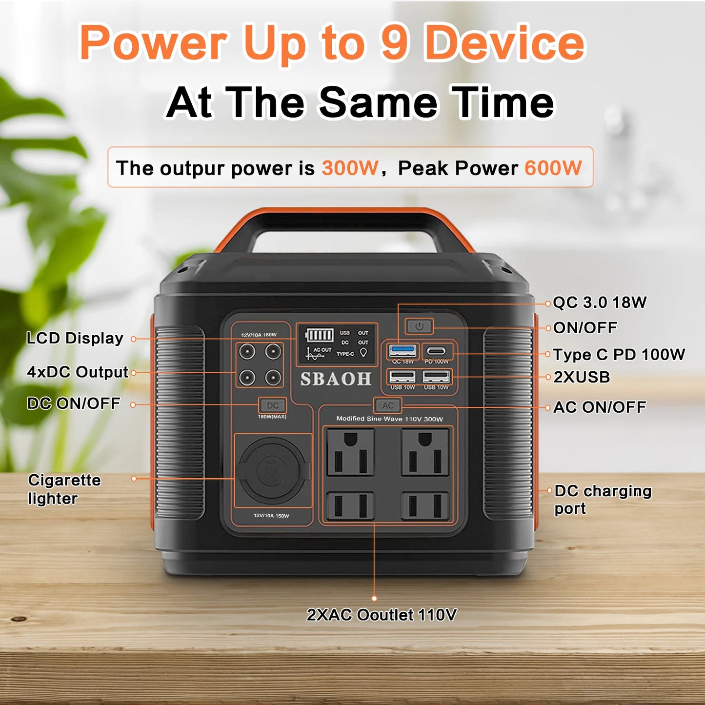Portable Power Station 300W 296Wh Solar Generator LED Flashlight