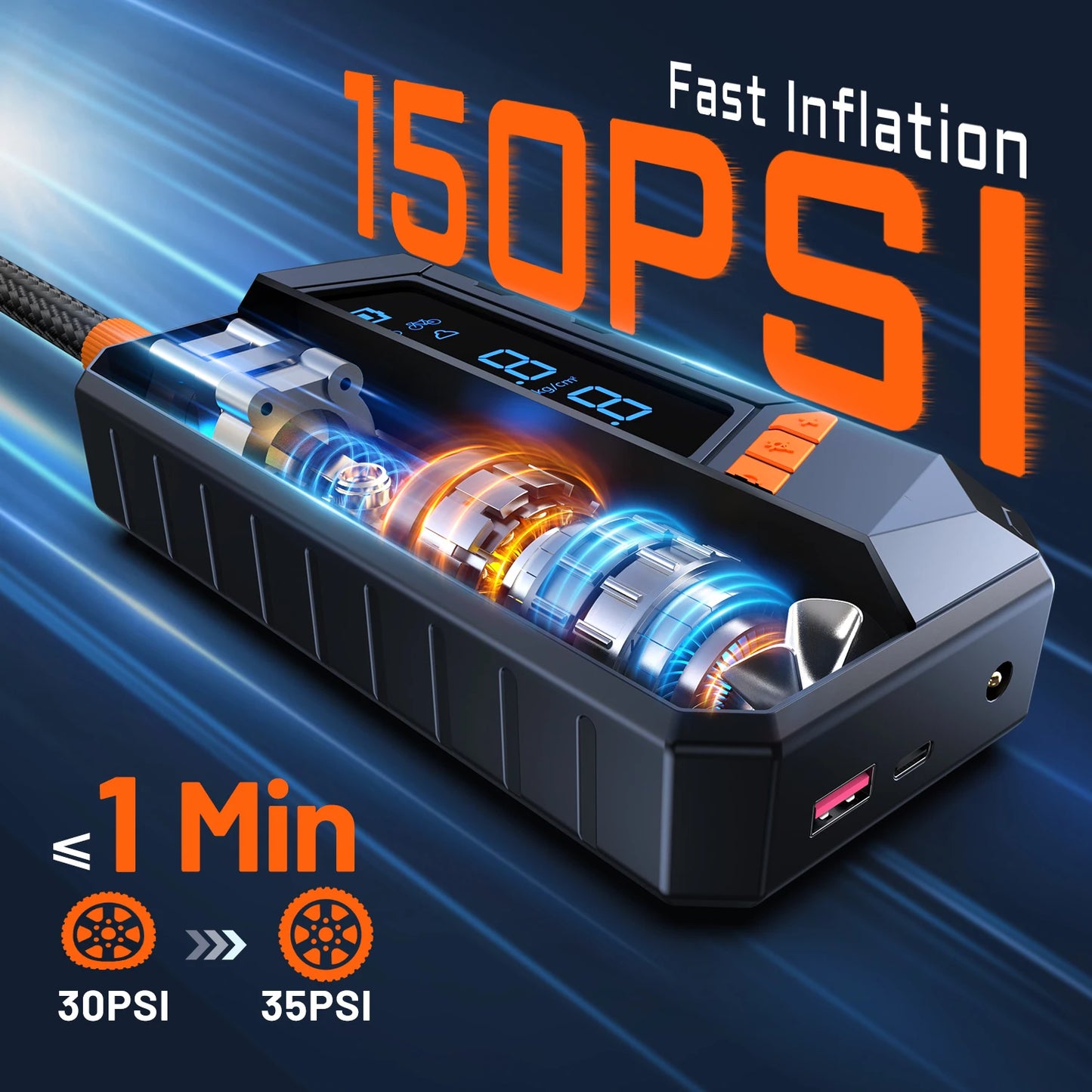 Portable Wired/Wireless Tire Inflator with Air Pump and 3M Power Cord