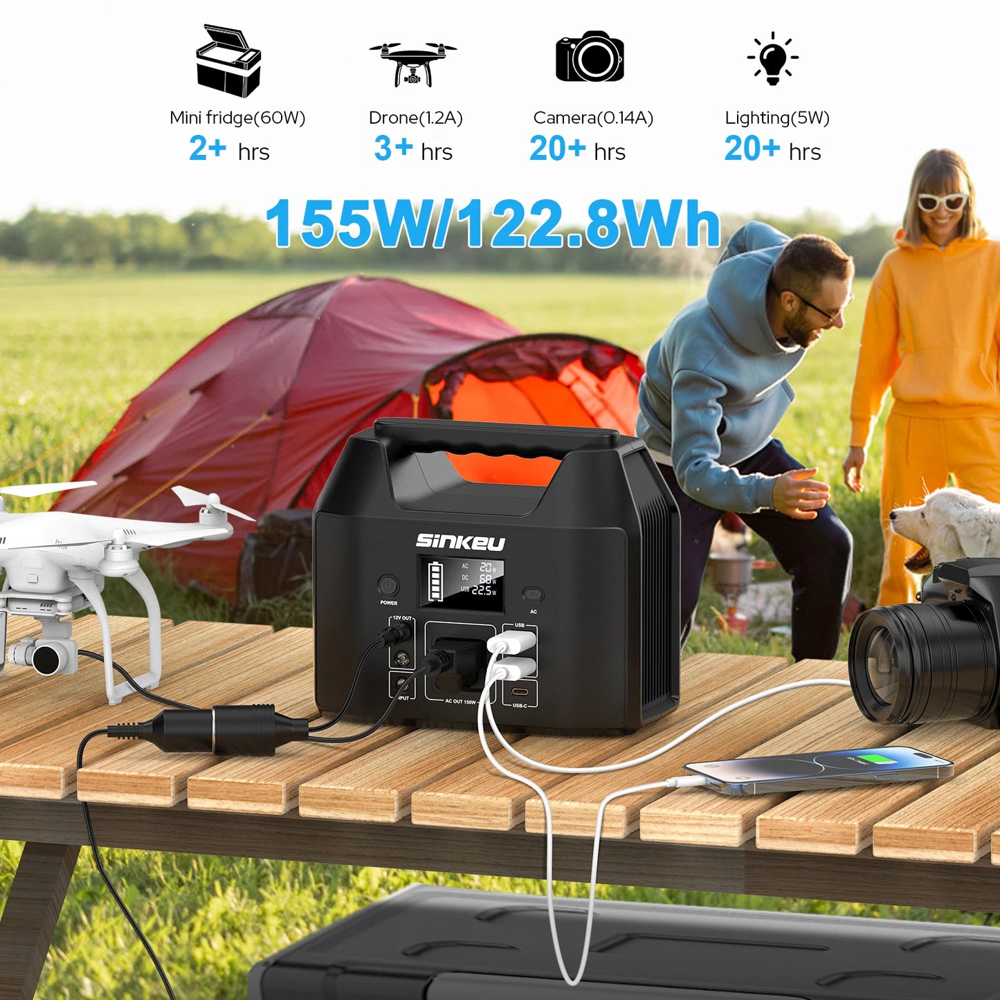 150W Portable Power Station with 122.8Wh LiFePO4 Battery Solar Generator & LED Flashlight for Camping