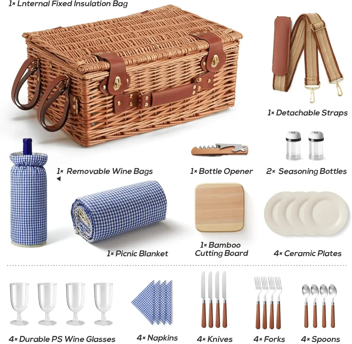 Wicker Picnic Basket Set with Cooler and Accessories