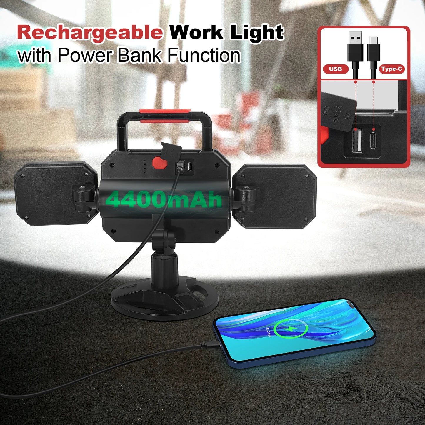 Rechargeable Magnetic LED Work Light 25W 2700LM Waterproof Cordless Job Light