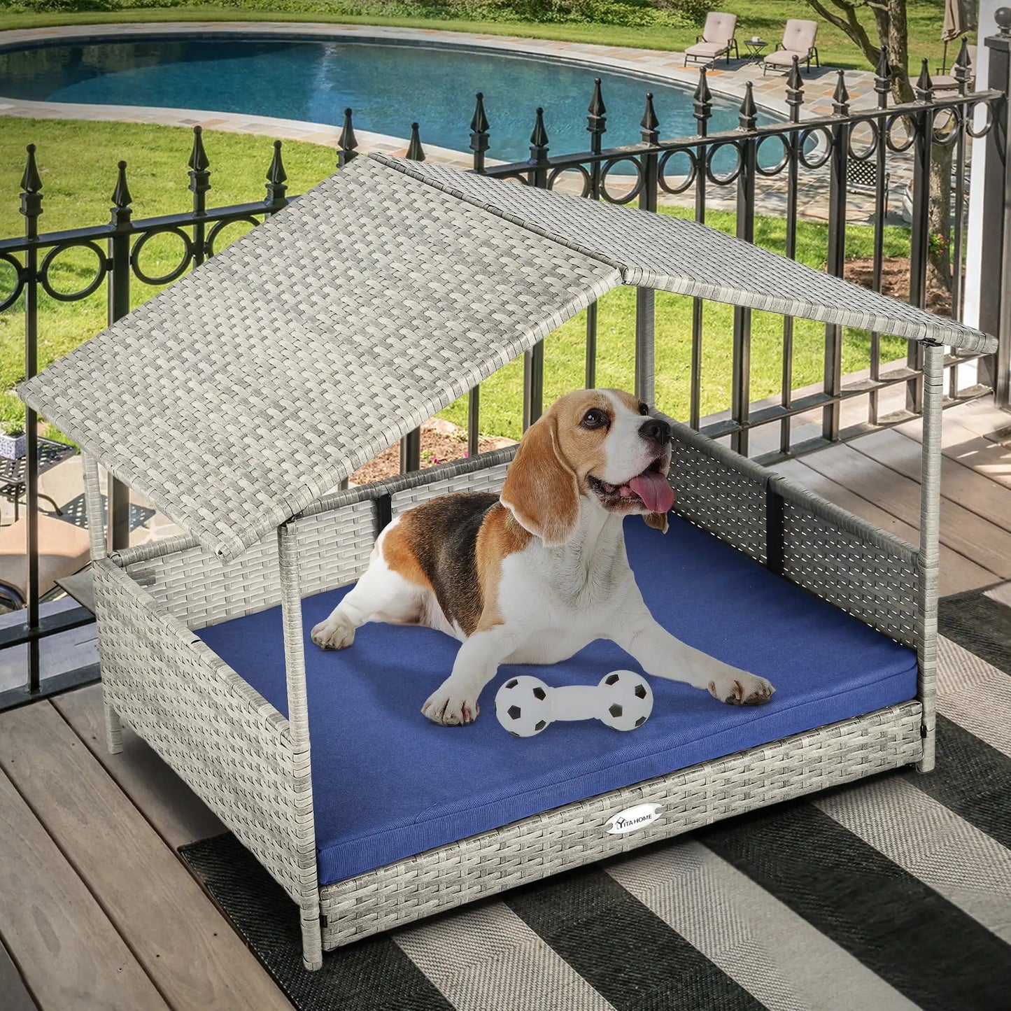Outdoor Rattan Doghouse with Canopy and Cushion 32.9in