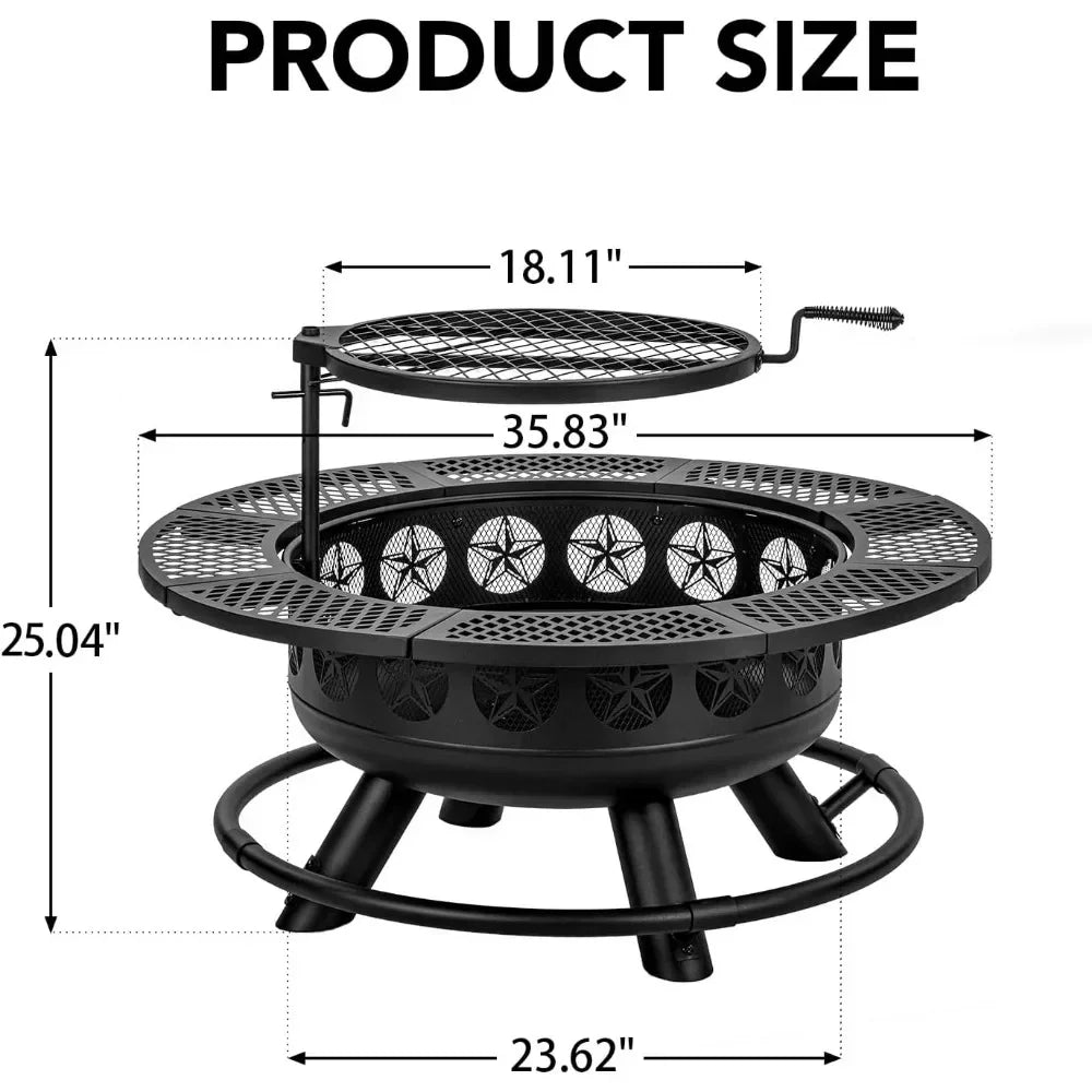 36 Inch Fire Pit with Cooking Grill, Outdoor Wood Burning BBQ Firepit with Lid, 3-in-1 Outdoor Fire Pit