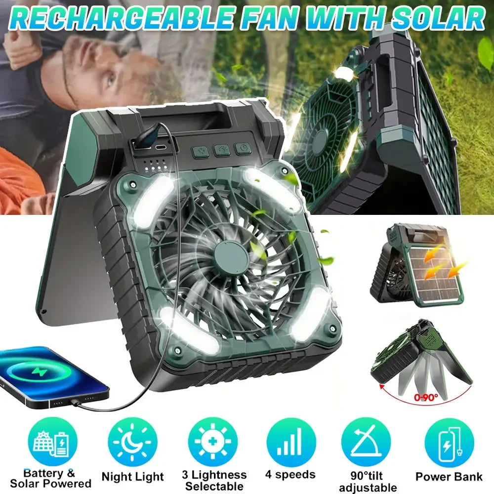 Solar Rechargeable Camping Fan with Light 9 Inch
