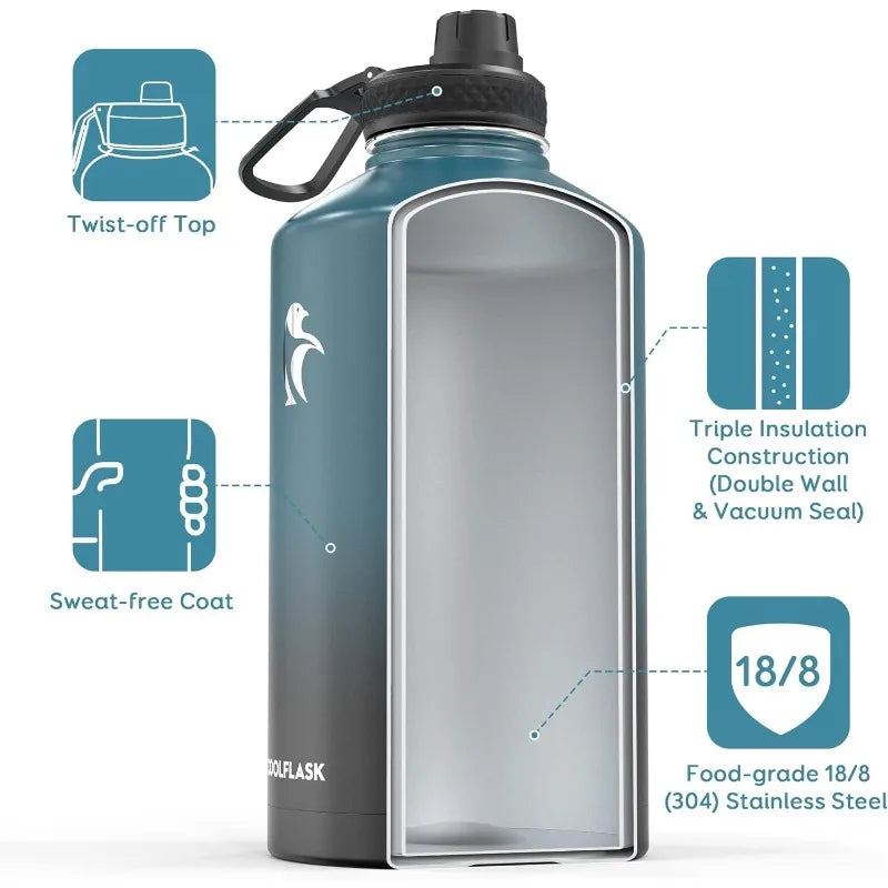 128 oz Insulated Gallon Water Bottle with Straw and 3 Lids
