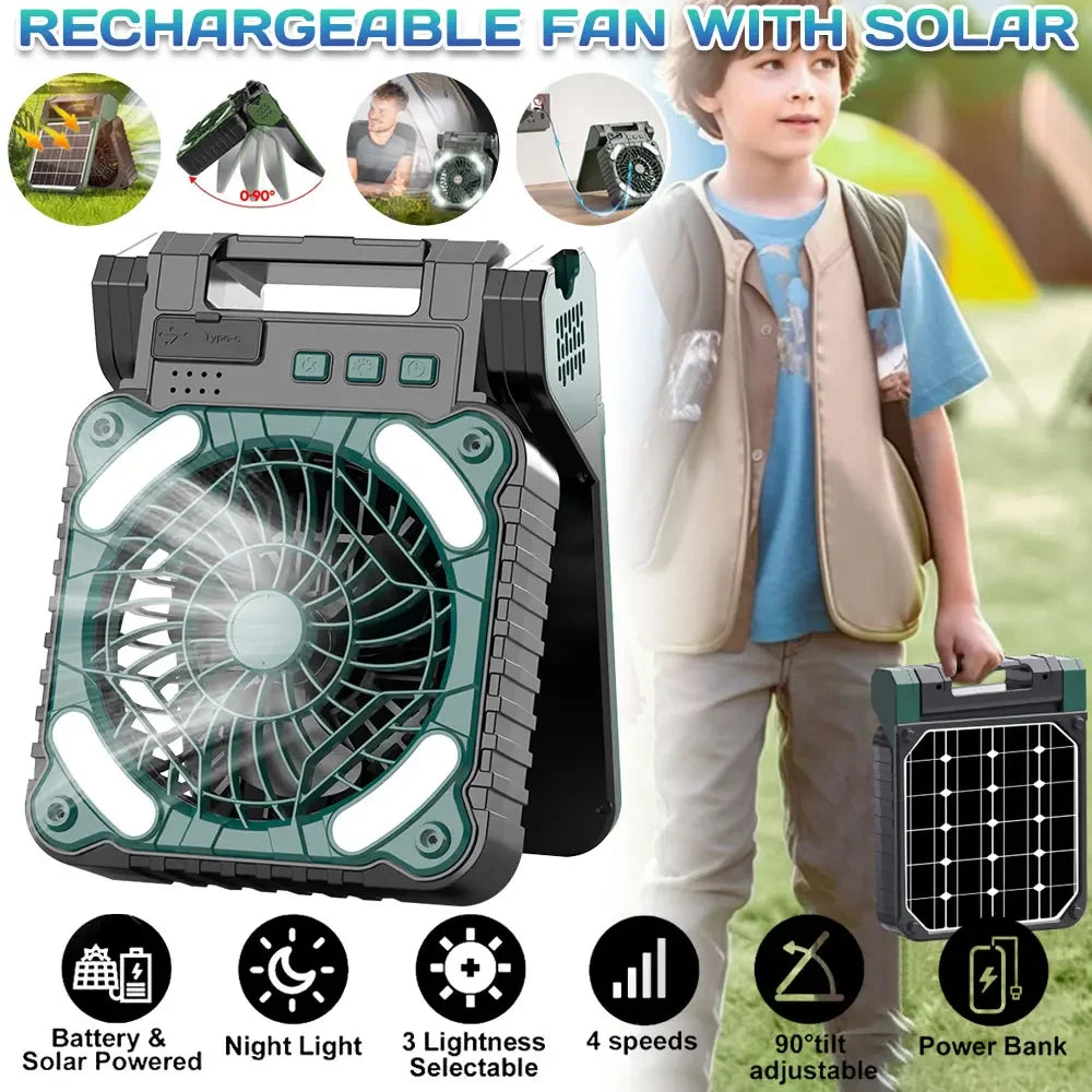 Solar Rechargeable Camping Fan with Light 9 Inch