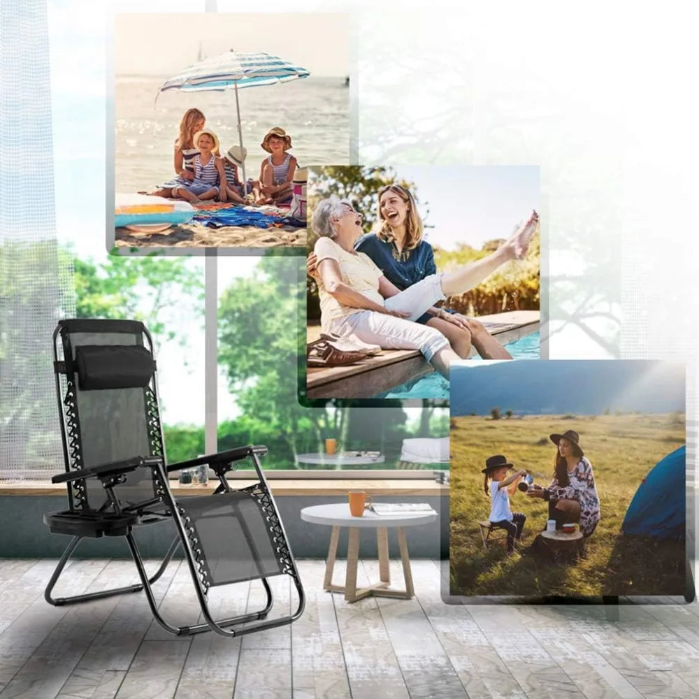 Reclining Outdoor Lounge Chairs Set with Pillow and Cup Holder