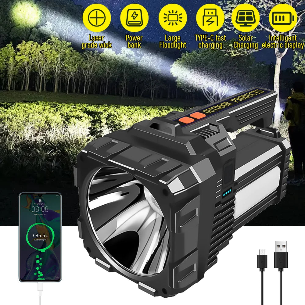 Solar Rechargeable High Power LED Flashlight Waterproof Outdoor Camping Lamp