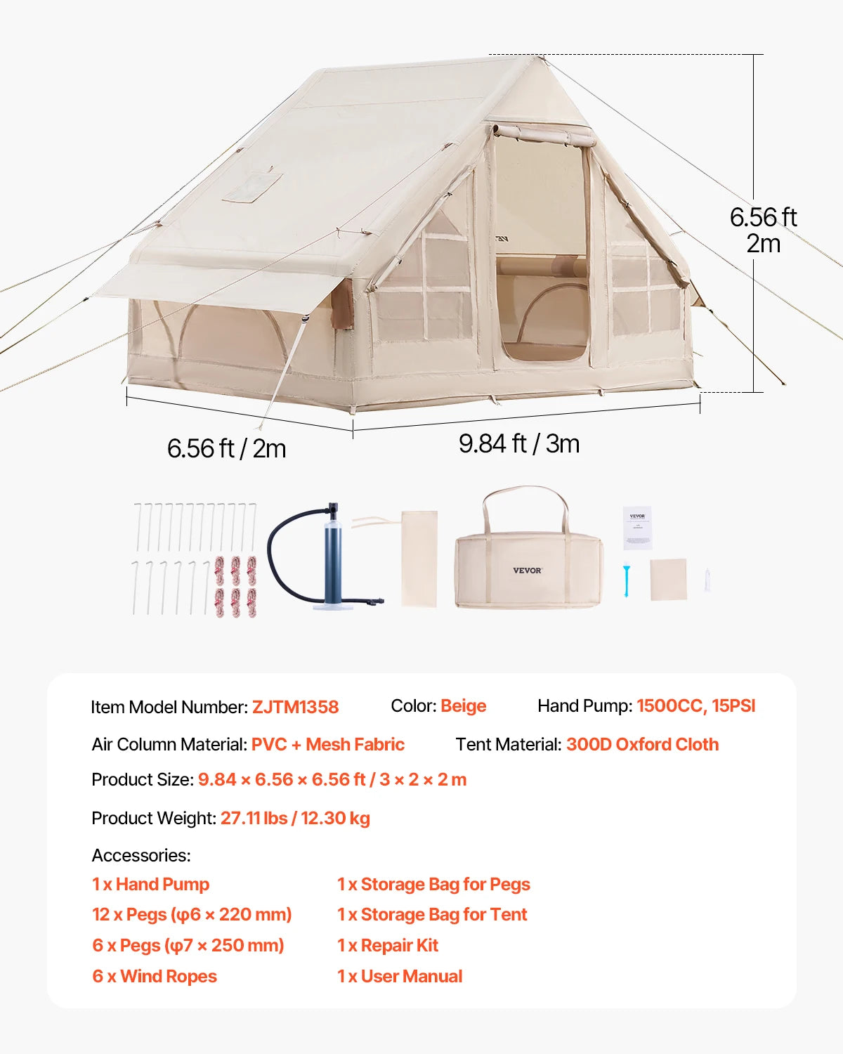 Inflatable Camping Tent with Stove Jack and Hand Pump