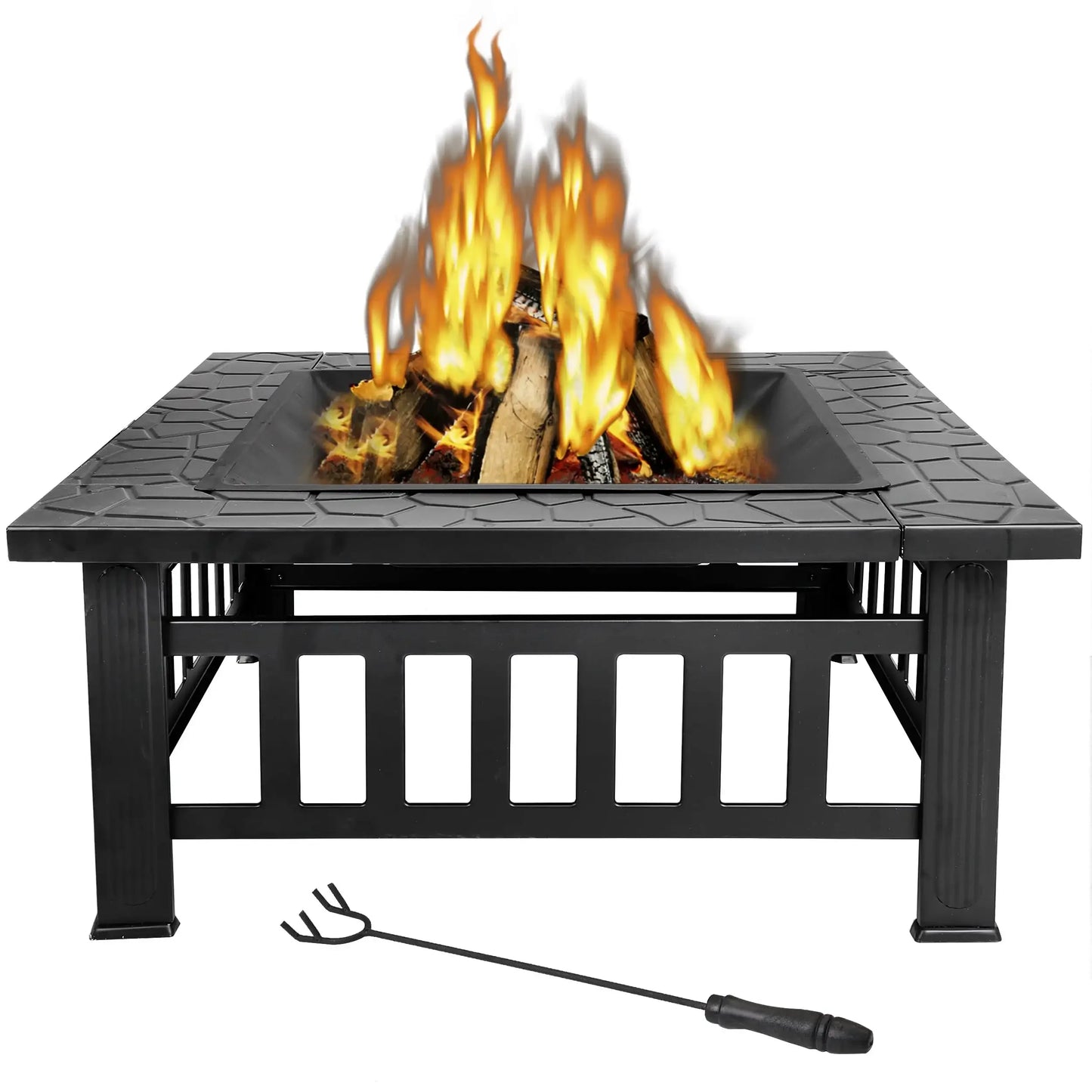32" Outdoor Fire Pit Square Metal Wood Burning Firepit