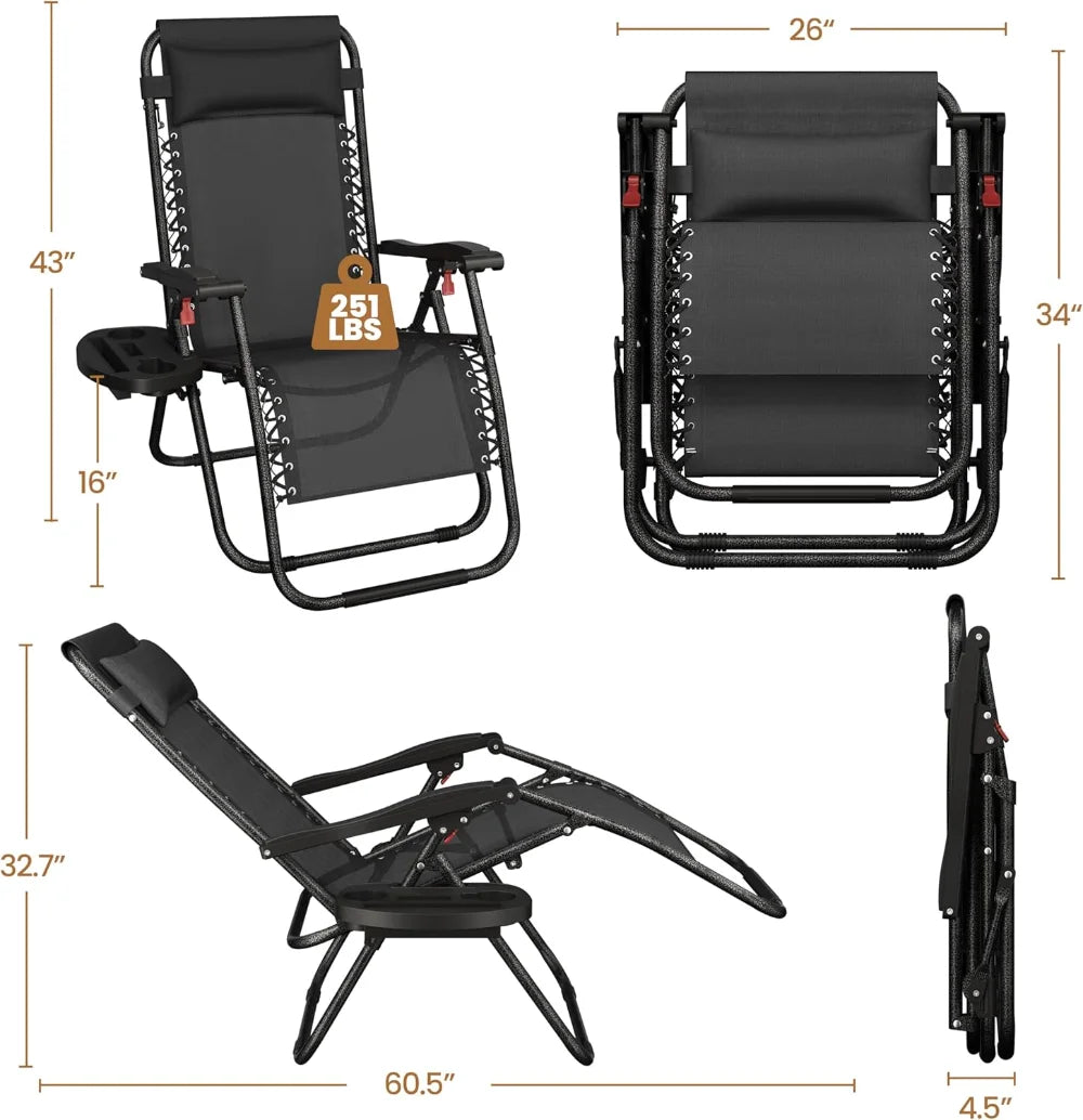 Set of 2 Zero Gravity Reclining Lounge Chairs with Cup Holders