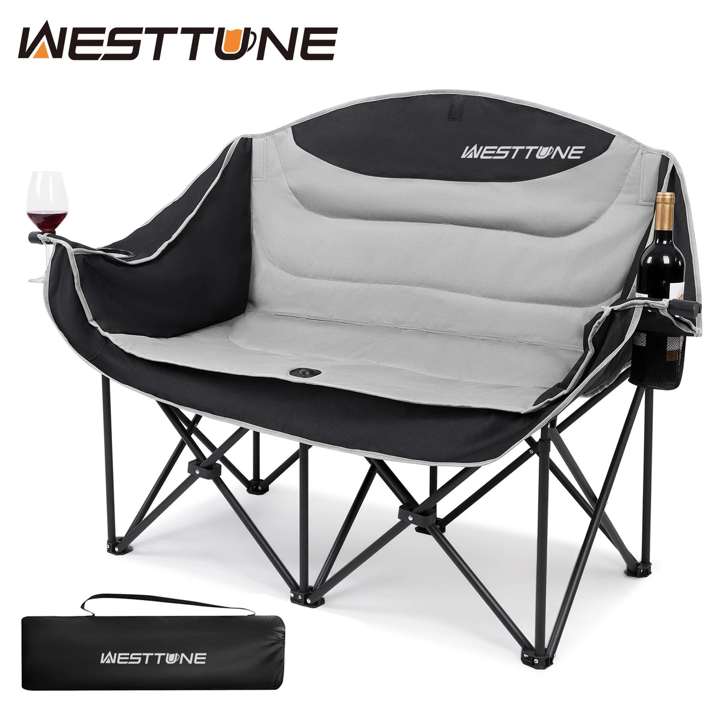 Double Folding Camping Loveseat with Cup Holders Support 440 lbs