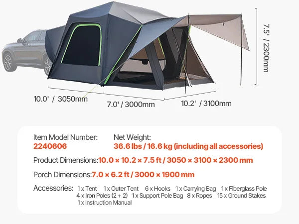 SUV Camping Tent with Awning and Mesh Windows