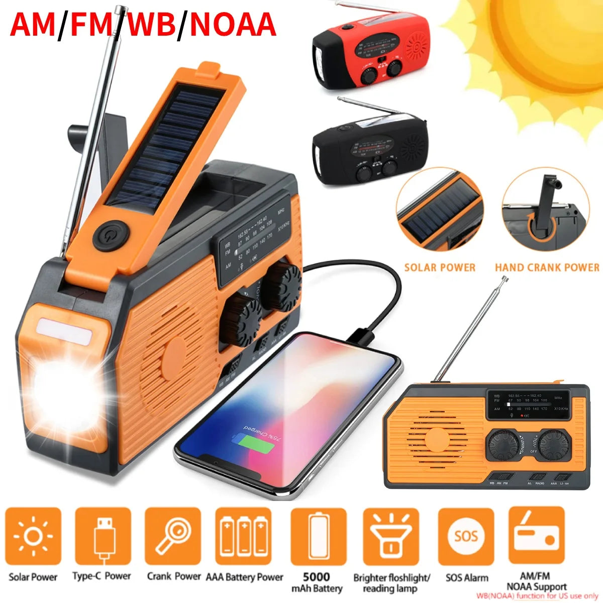 Solar Hand Crank Emergency Radio with Flashlight and Power Bank