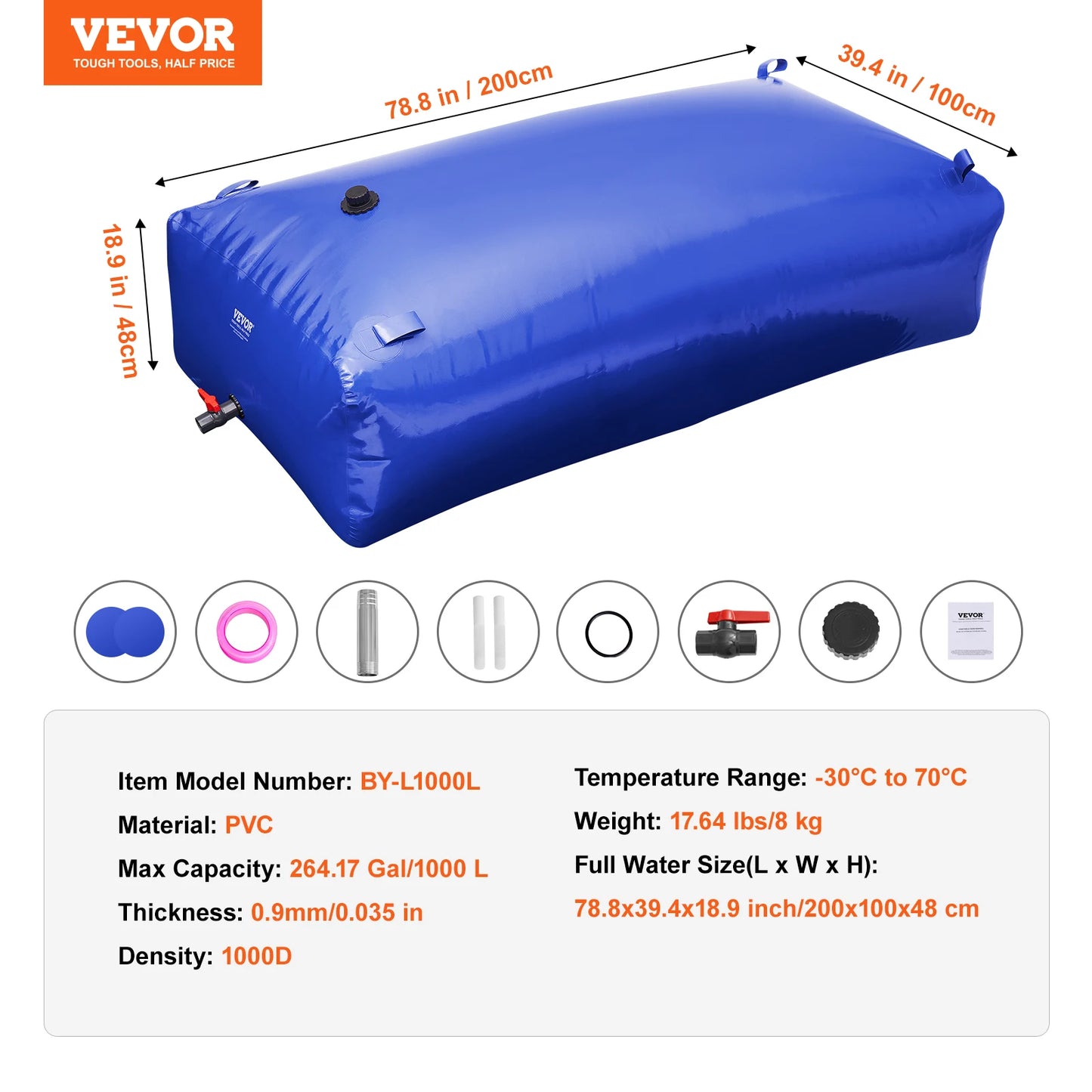 VEVOR 264 Gallon Collapsible Water Storage Tank Blue PVC Bladder Bag