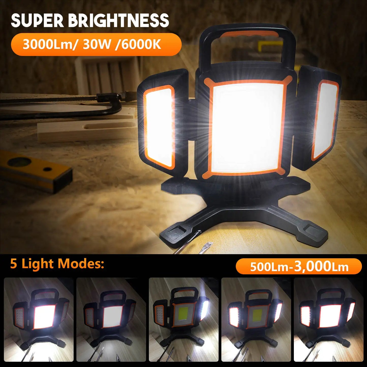 30W Rechargeable Work Light 3000 Lumen Magnetic Work Light Battery Powered Portable Workshop Garage Camping Car Repairing