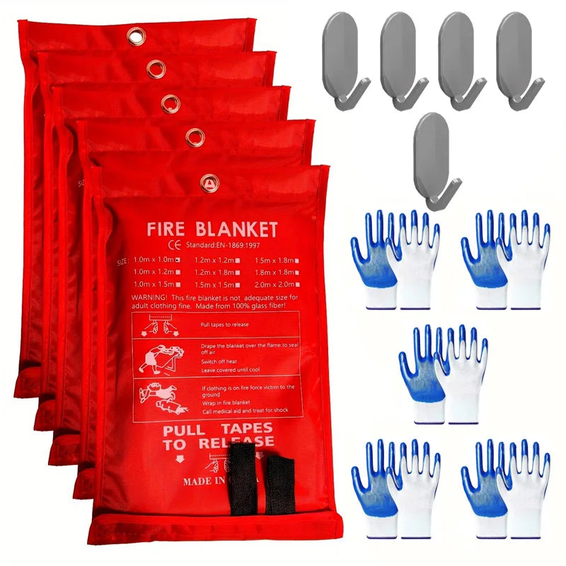 1/3/5 PCS Fire Blanket Set – 39.37"x39.37" Fiberglass Emergency Blanket with Gloves & Hooks for Fire Protection