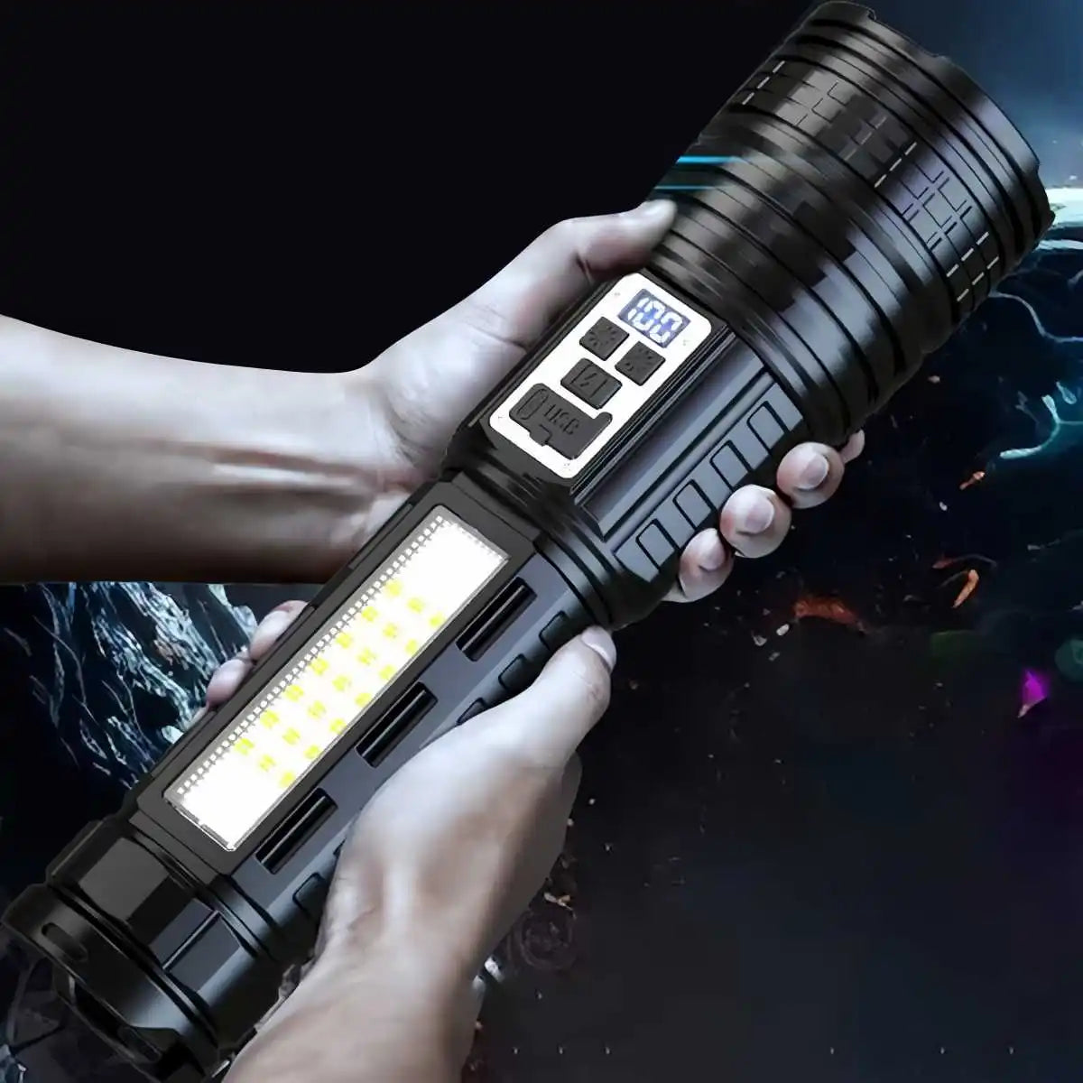Long Range LED Flashlight with Side Light and LCD Display