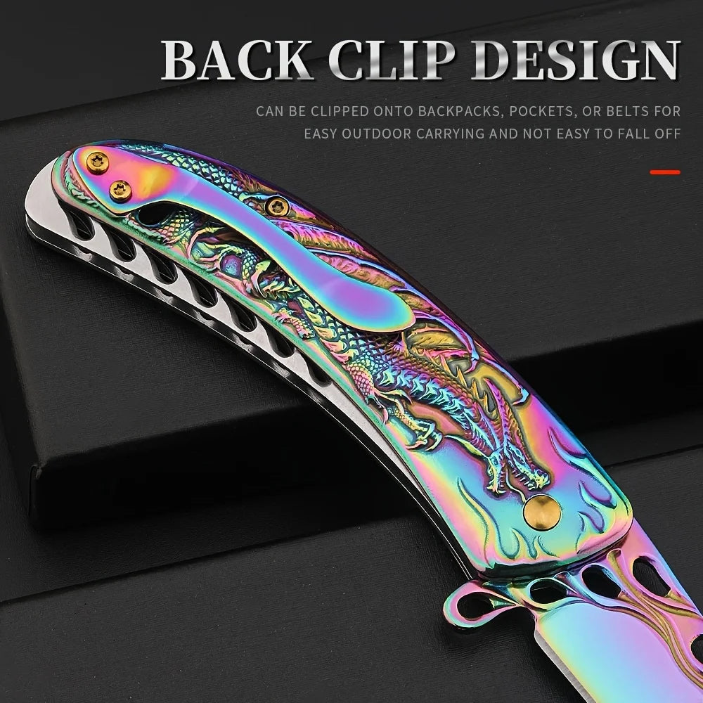 Engraved Dragon Folding Survival Knife with Pocket Clip