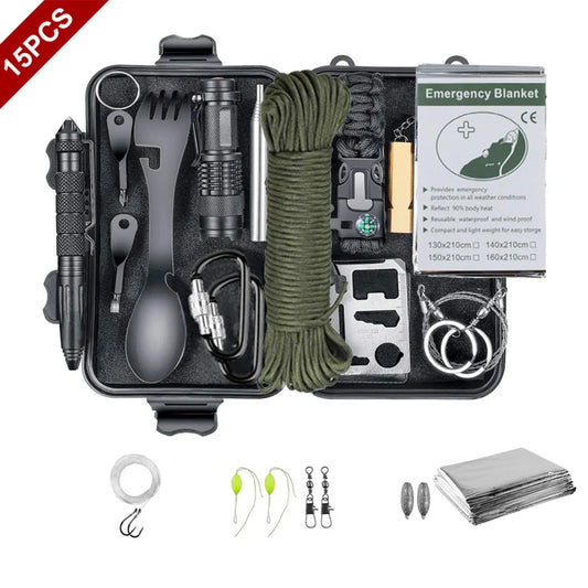 15 IN 1 Emergency Survival Kit Gear Camping Multifunction Defense Equipment First Aid SOS