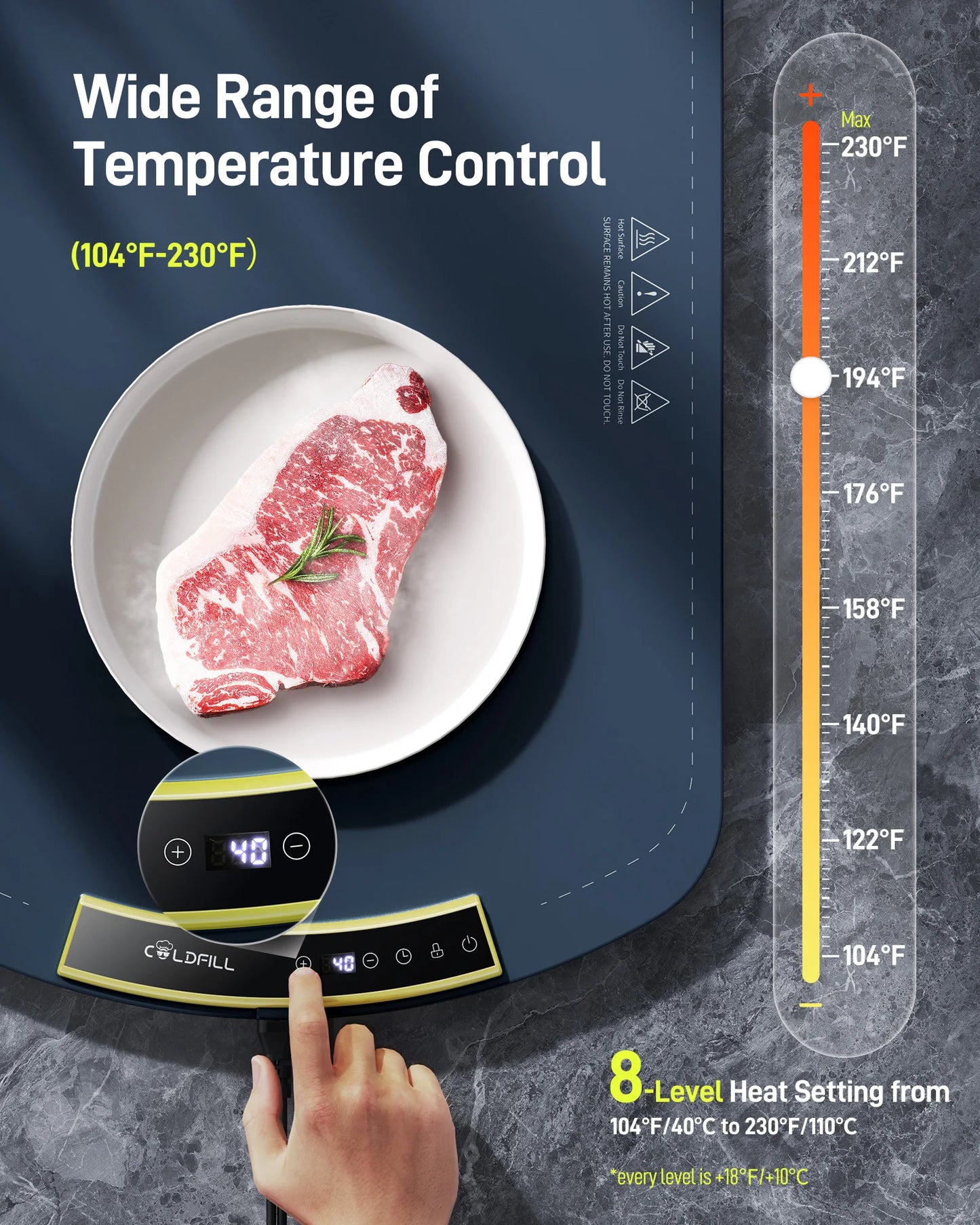 Electric Food Warming Tray with 8 Temp Settings & Foldable Heat Mat