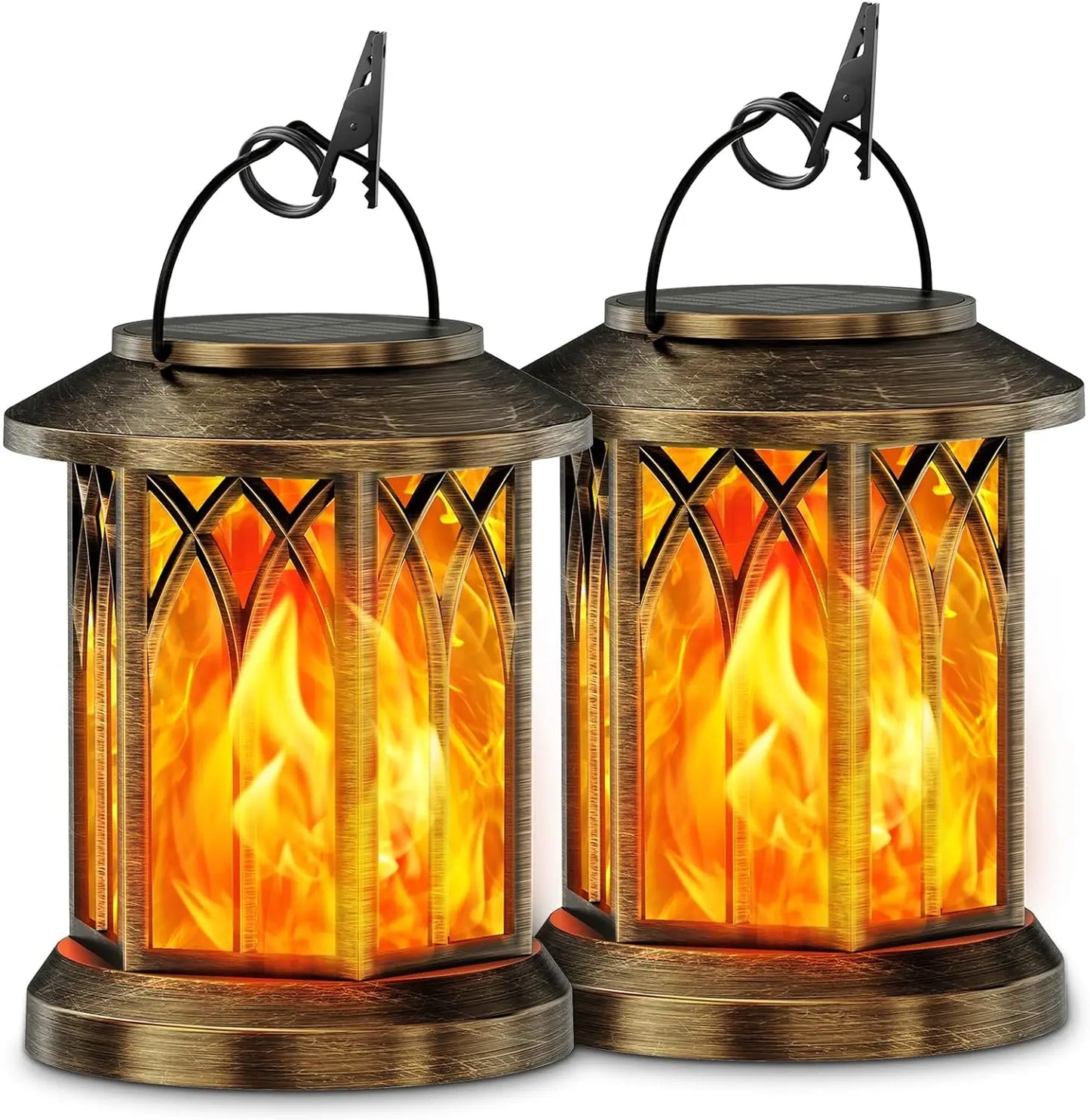 2 Pack Solar Flickering Flame Lanterns Outdoor Hanging Lights