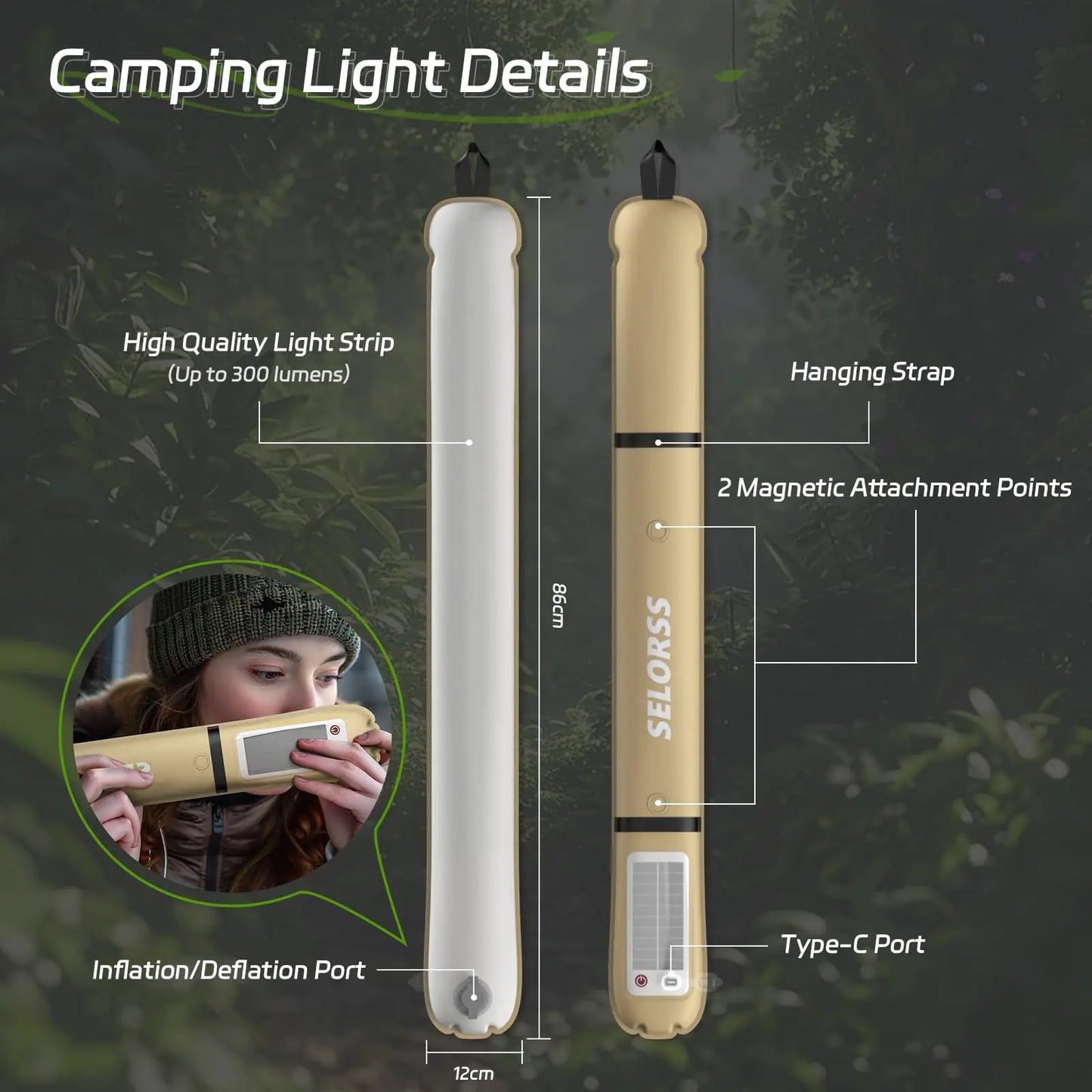 SELORSS Portable Solar Camping Lantern with 2000mAh Battery