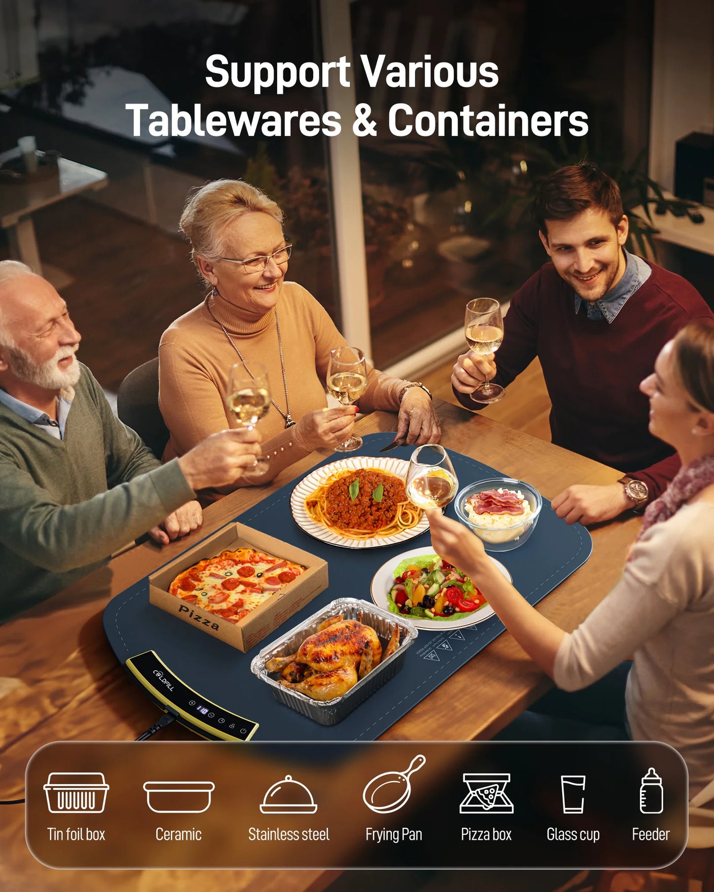 Electric Food Warming Tray with 8 Temp Settings & Foldable Heat Mat