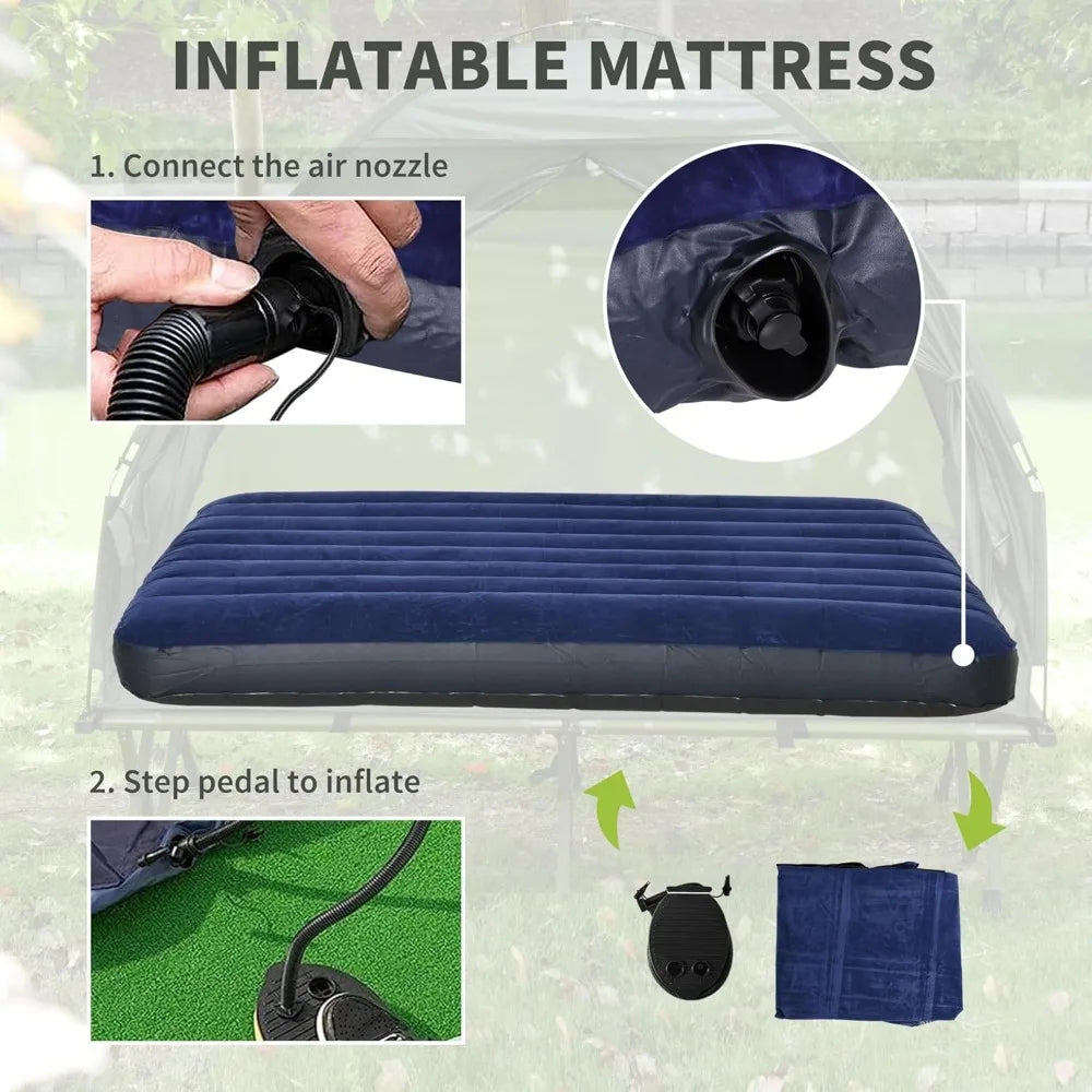 2 Person Foldable Camping Cot with Tent, Bedspread and Thick Air Mattress, 4-in-1 Elevated Camping Bed Tent